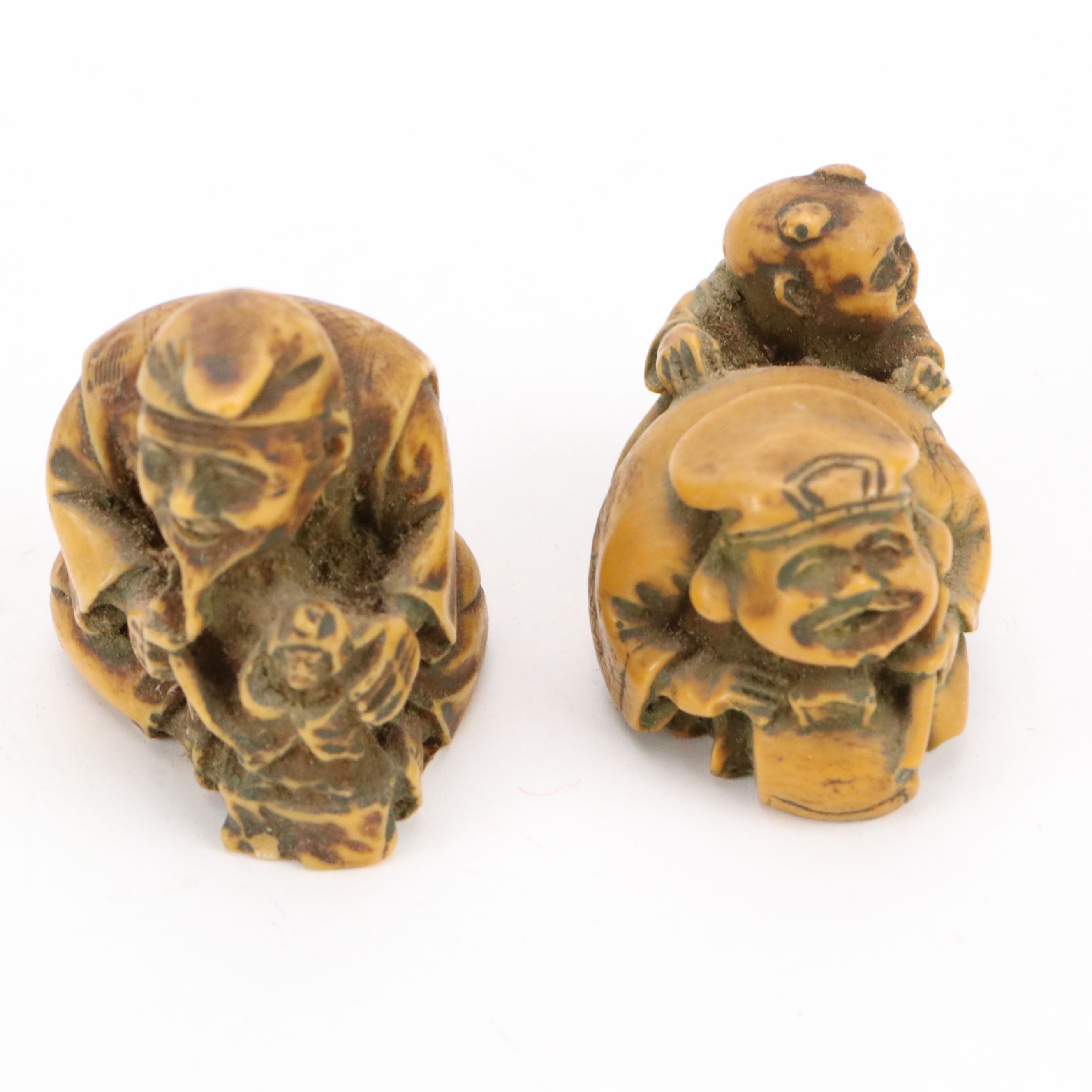 East Asian Calligraphy Turnip Inkwell with Action Italian Netsuke and Metal Box