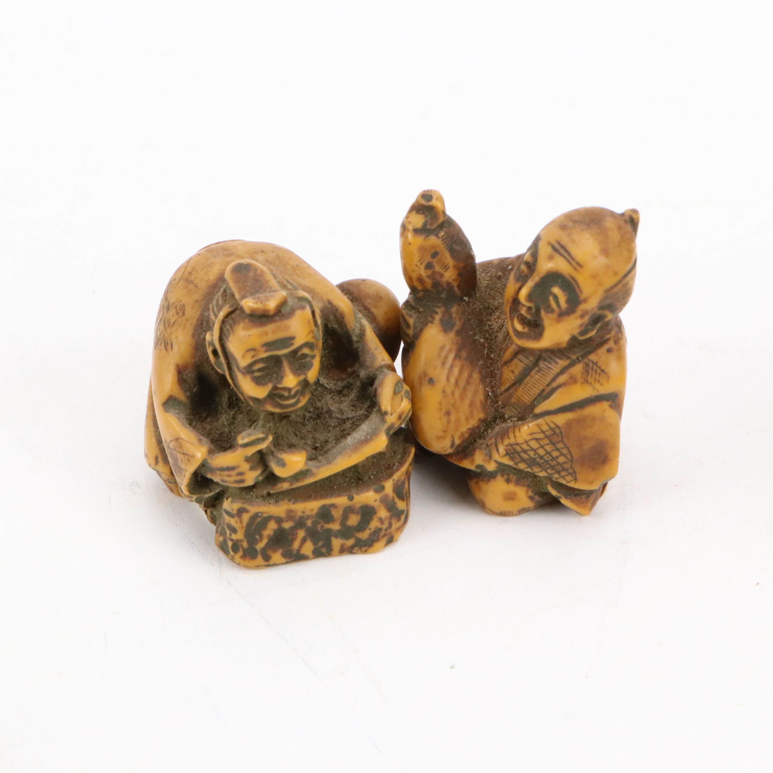 East Asian Calligraphy Turnip Inkwell with Action Italian Netsuke and Metal Box