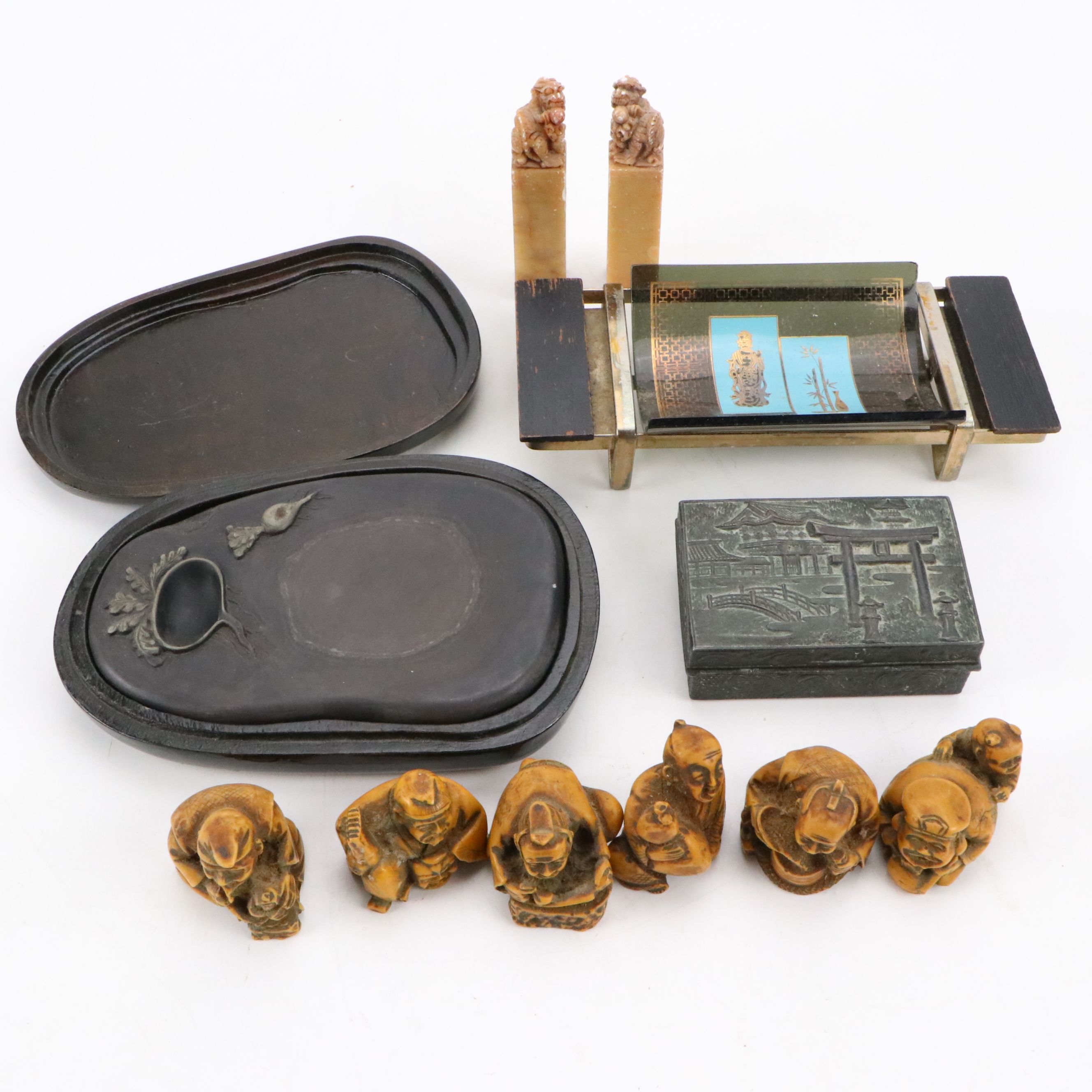 East Asian Calligraphy Turnip Inkwell with Action Italian Netsuke and Metal Box