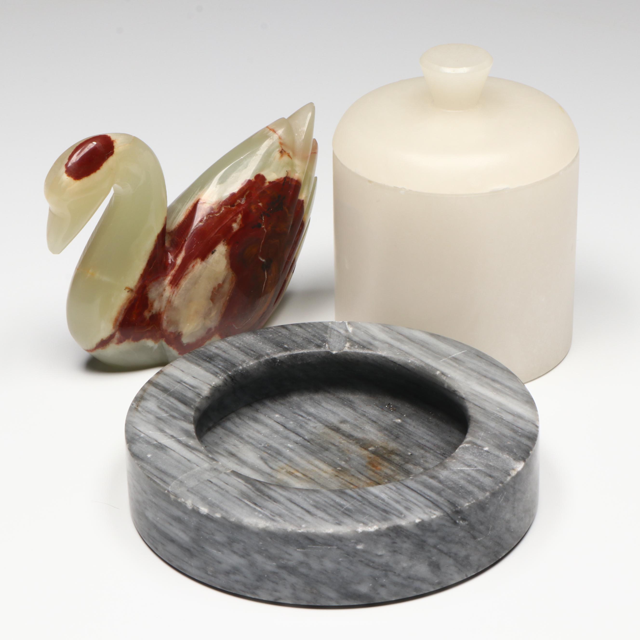 Marble Ashtray, Carved Banded Calcite Swan, and Alabaster Jar