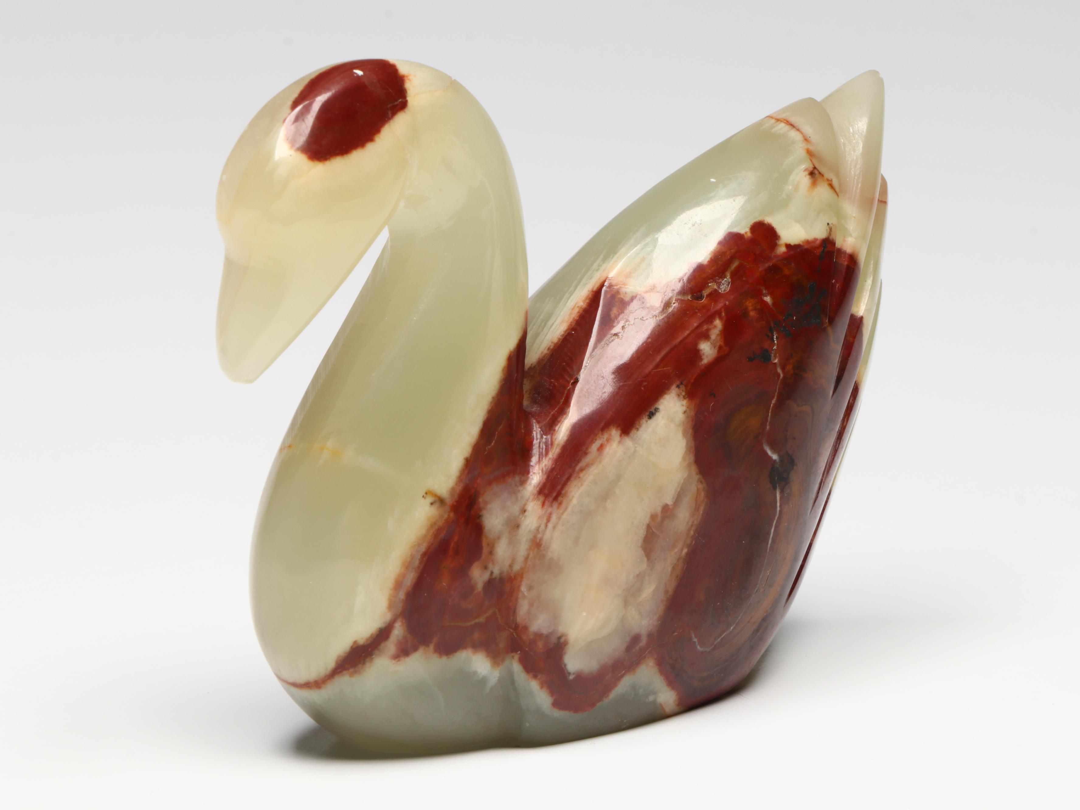 Marble Ashtray, Carved Banded Calcite Swan, and Alabaster Jar