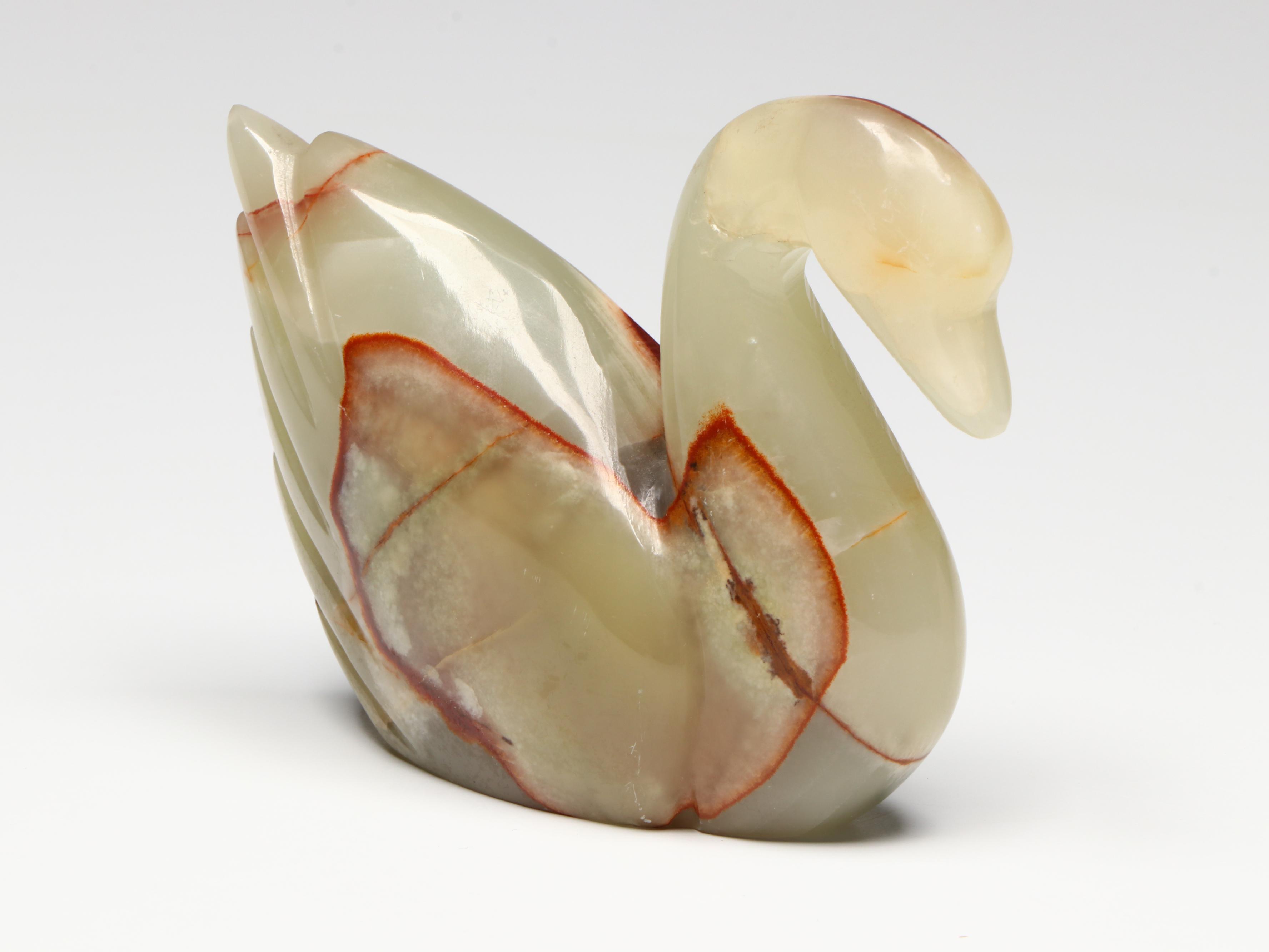 Marble Ashtray, Carved Banded Calcite Swan, and Alabaster Jar