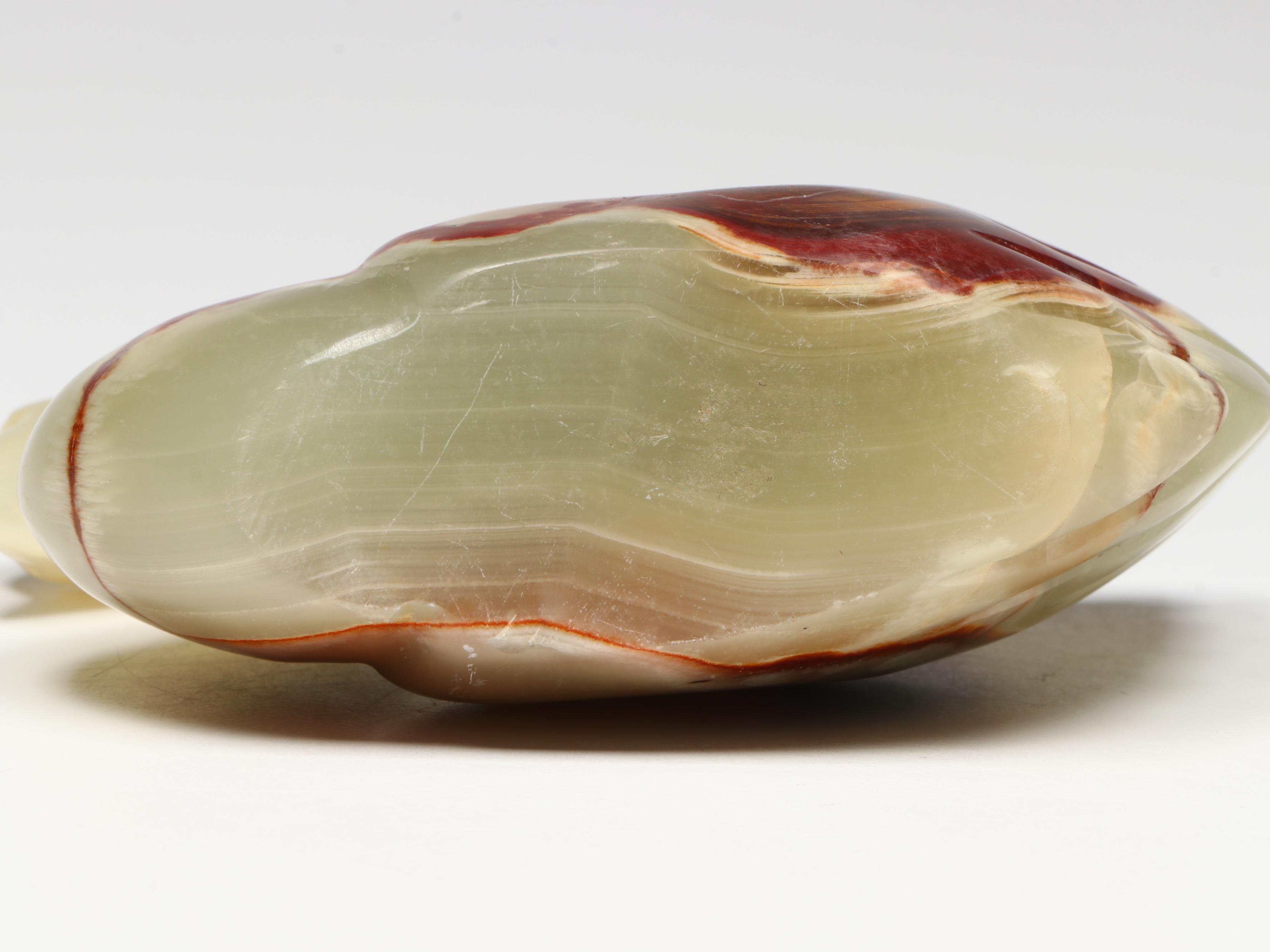 Marble Ashtray, Carved Banded Calcite Swan, and Alabaster Jar