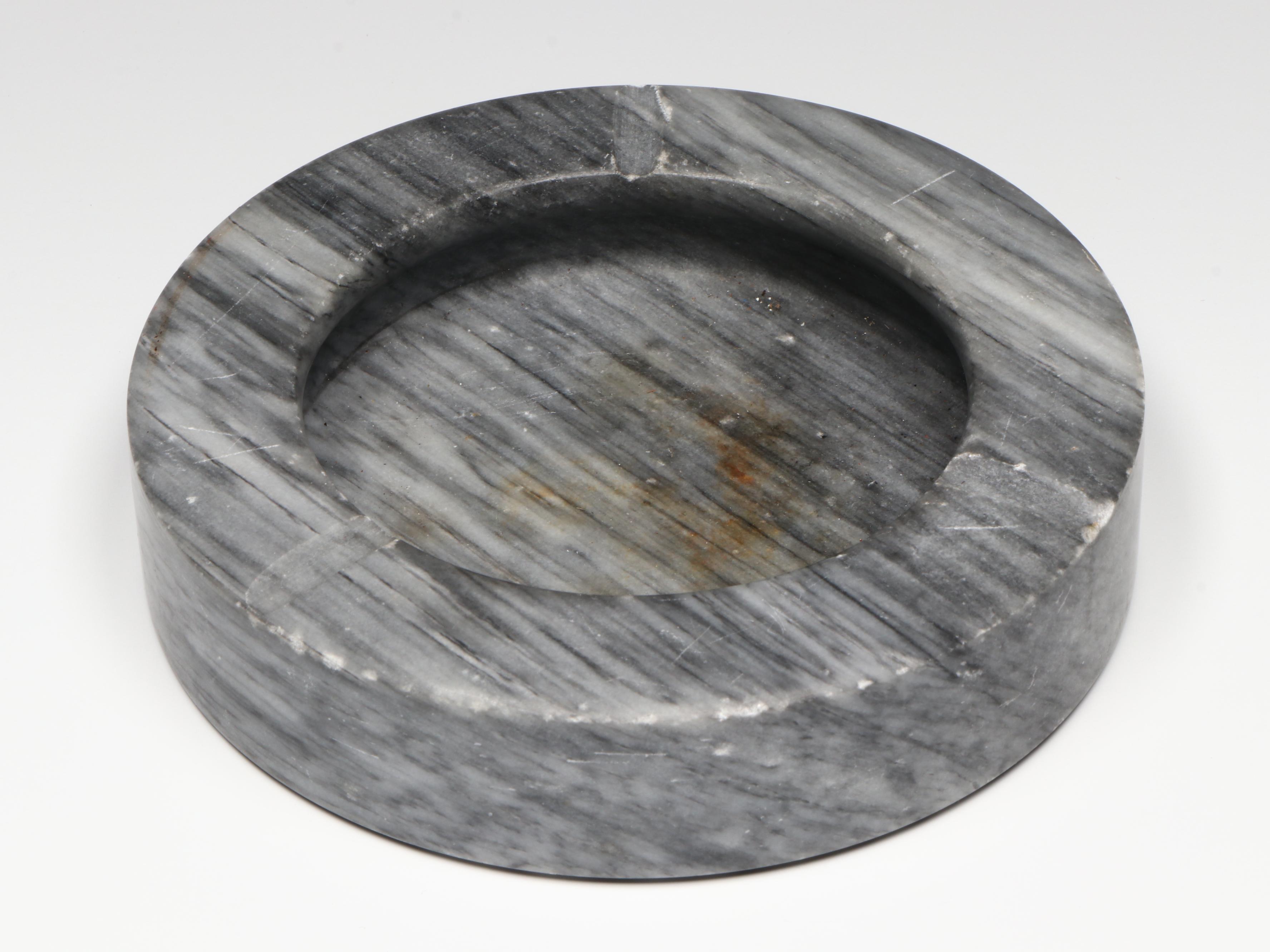 Marble Ashtray, Carved Banded Calcite Swan, and Alabaster Jar