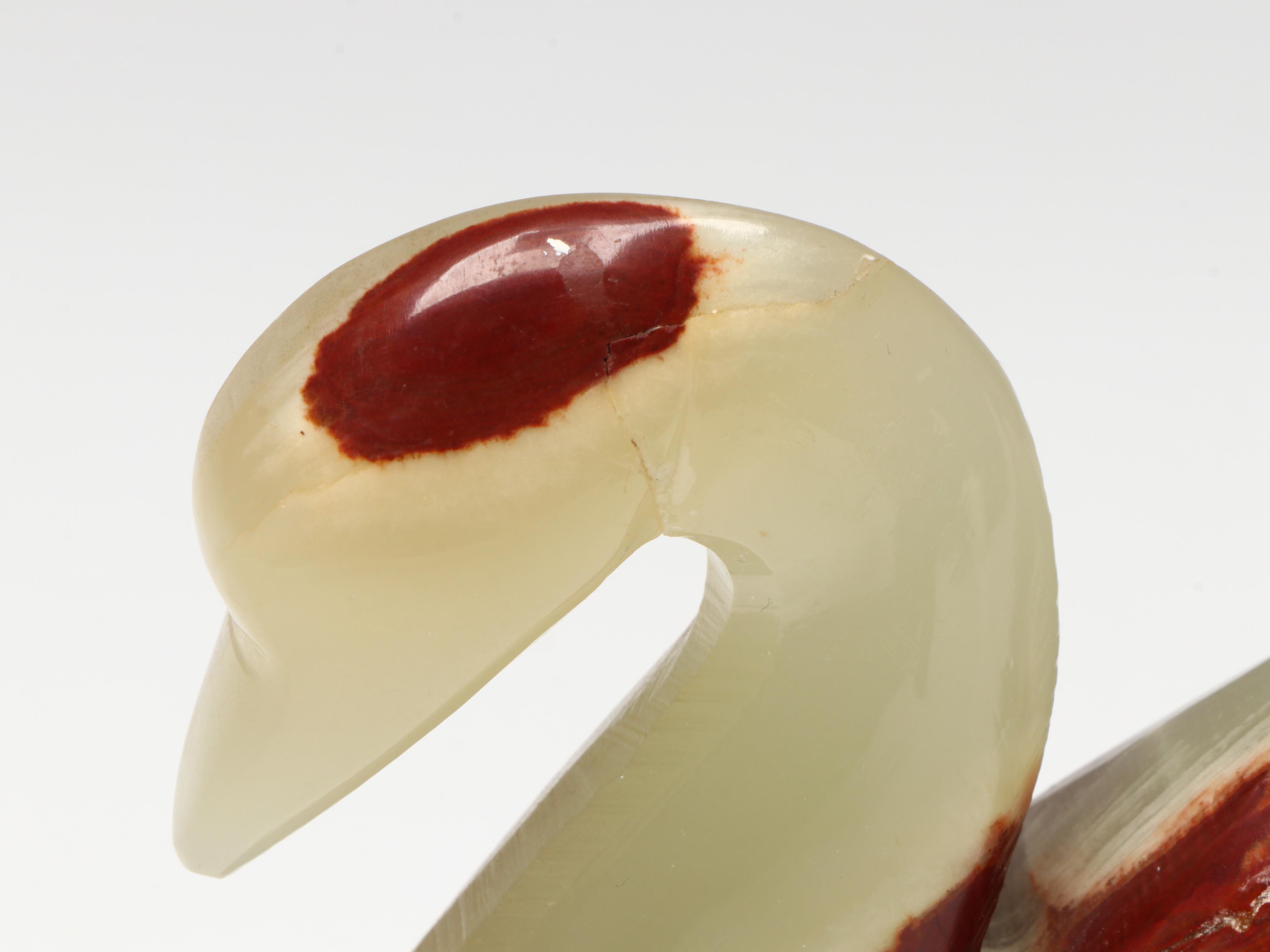 Marble Ashtray, Carved Banded Calcite Swan, and Alabaster Jar