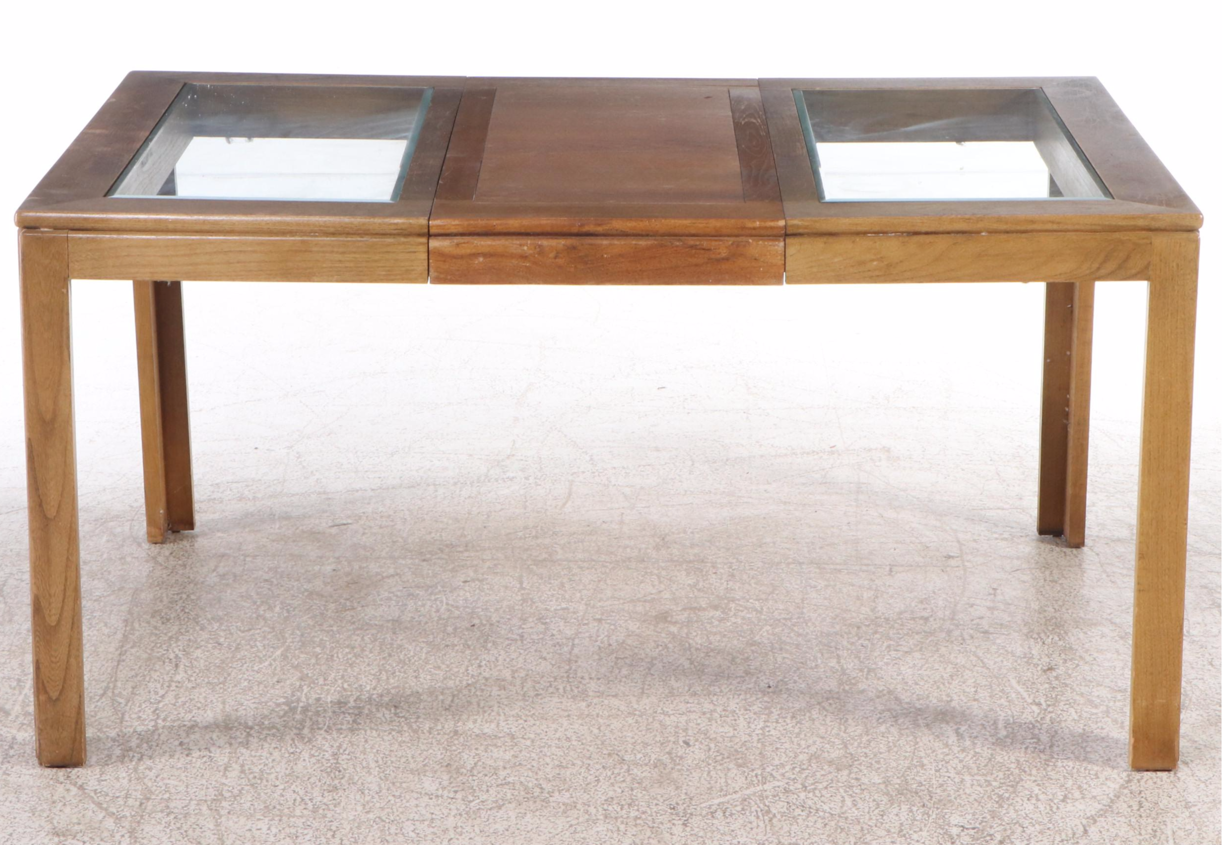 Modern Five Piece Oak Dining Set with Glass Top Inserts