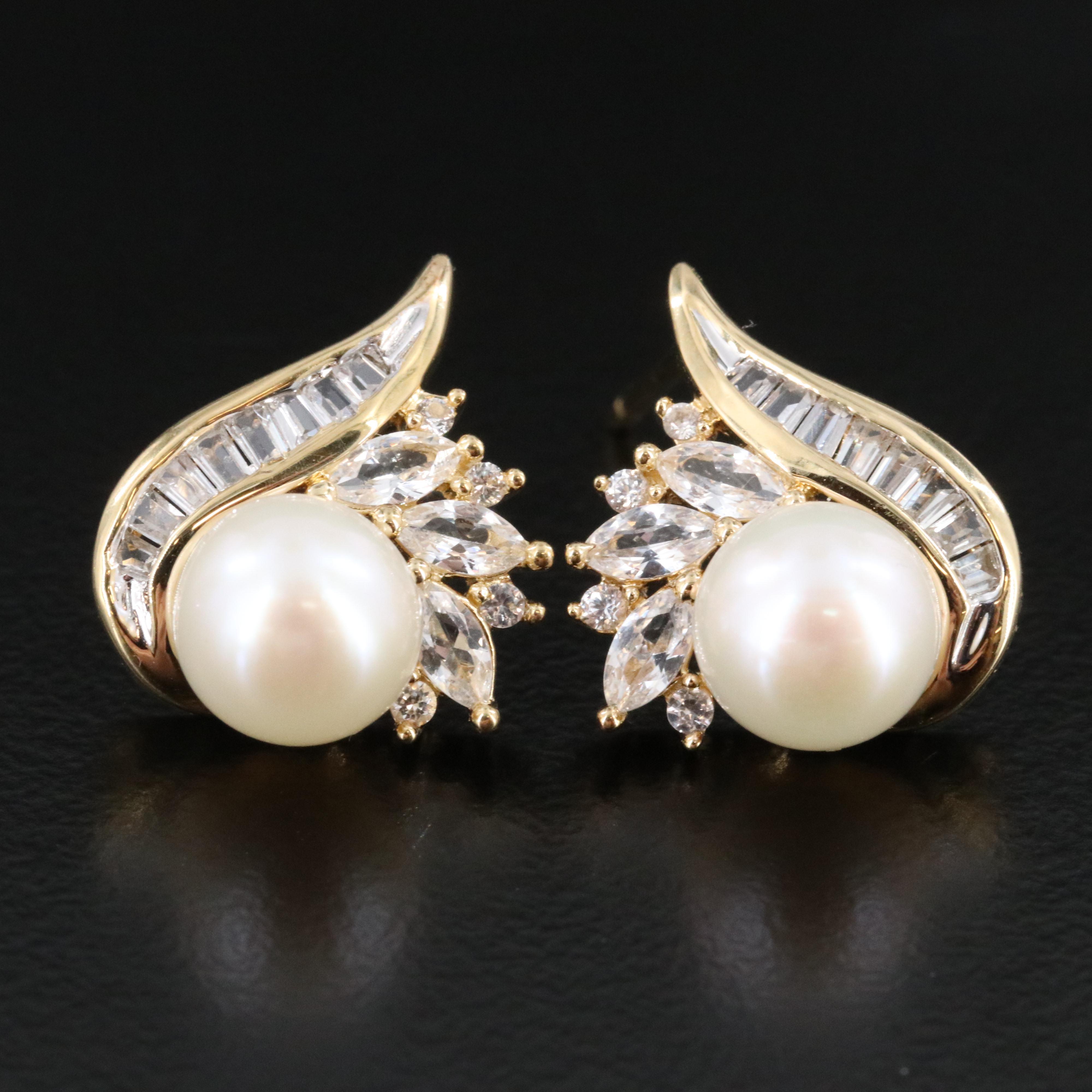 Sterling Pearl and White SApphire Earrings in Gold Tone Finish
