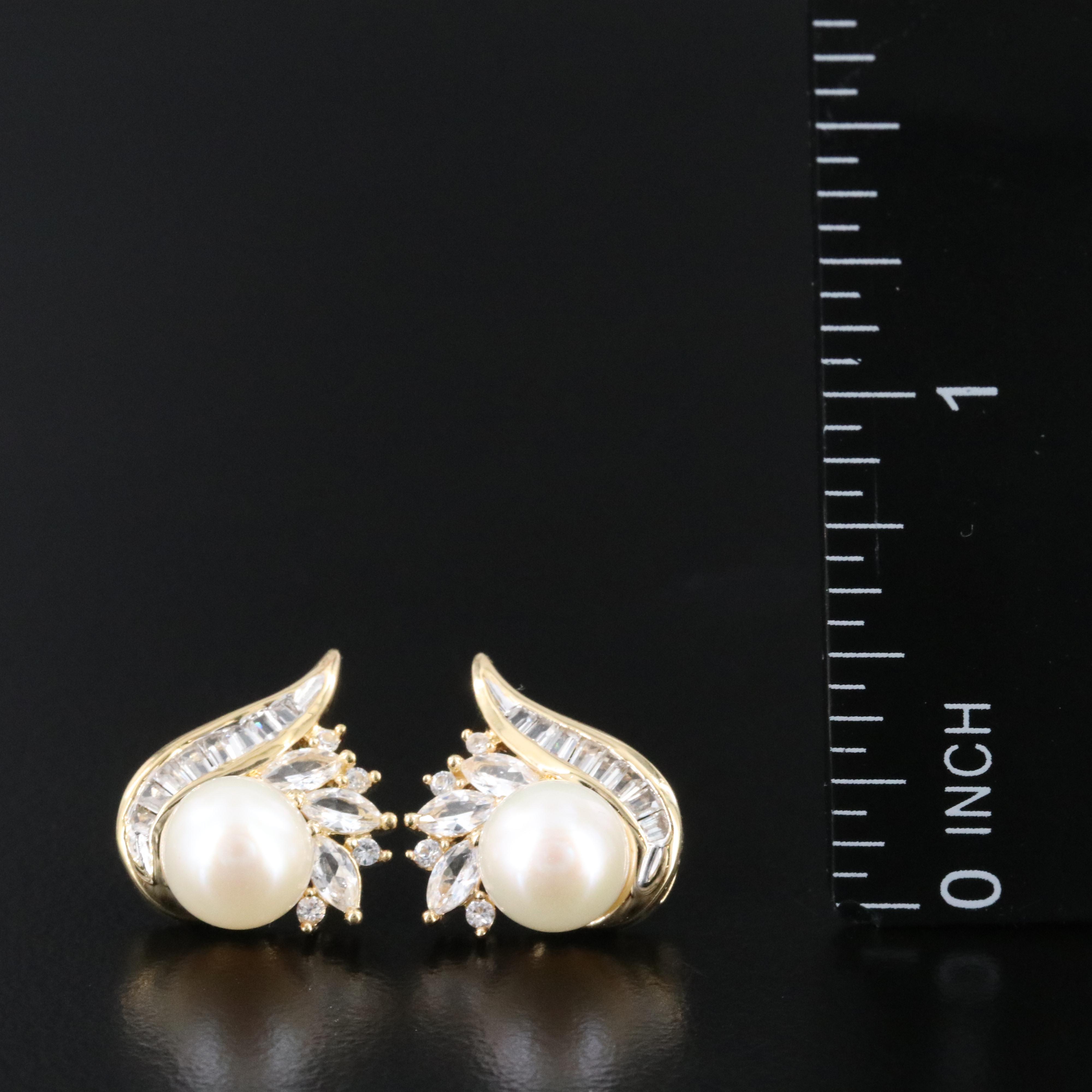 Sterling Pearl and White SApphire Earrings in Gold Tone Finish
