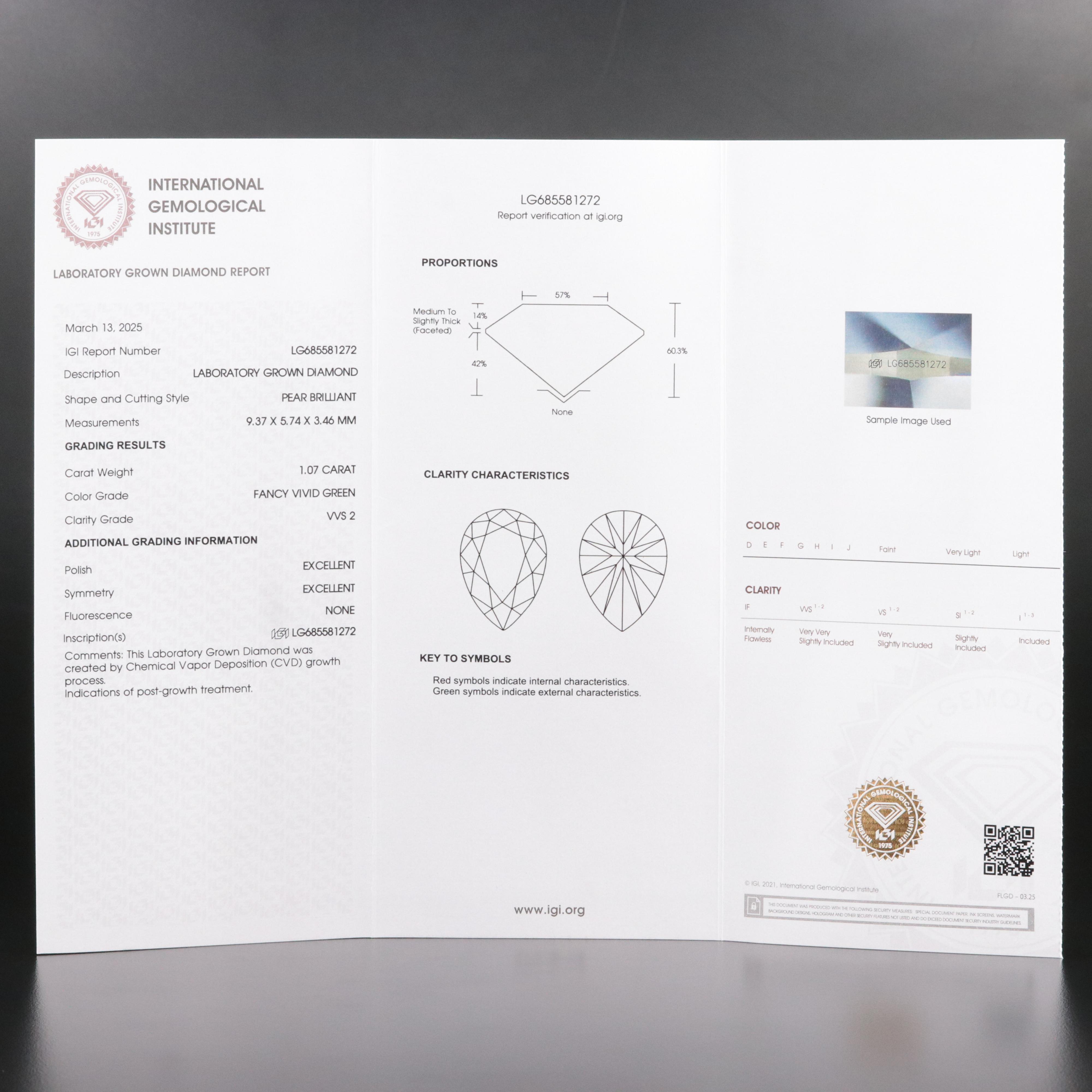 Loose 1.07 CT Lab Grown Fancy Green Diamond with IGI Report