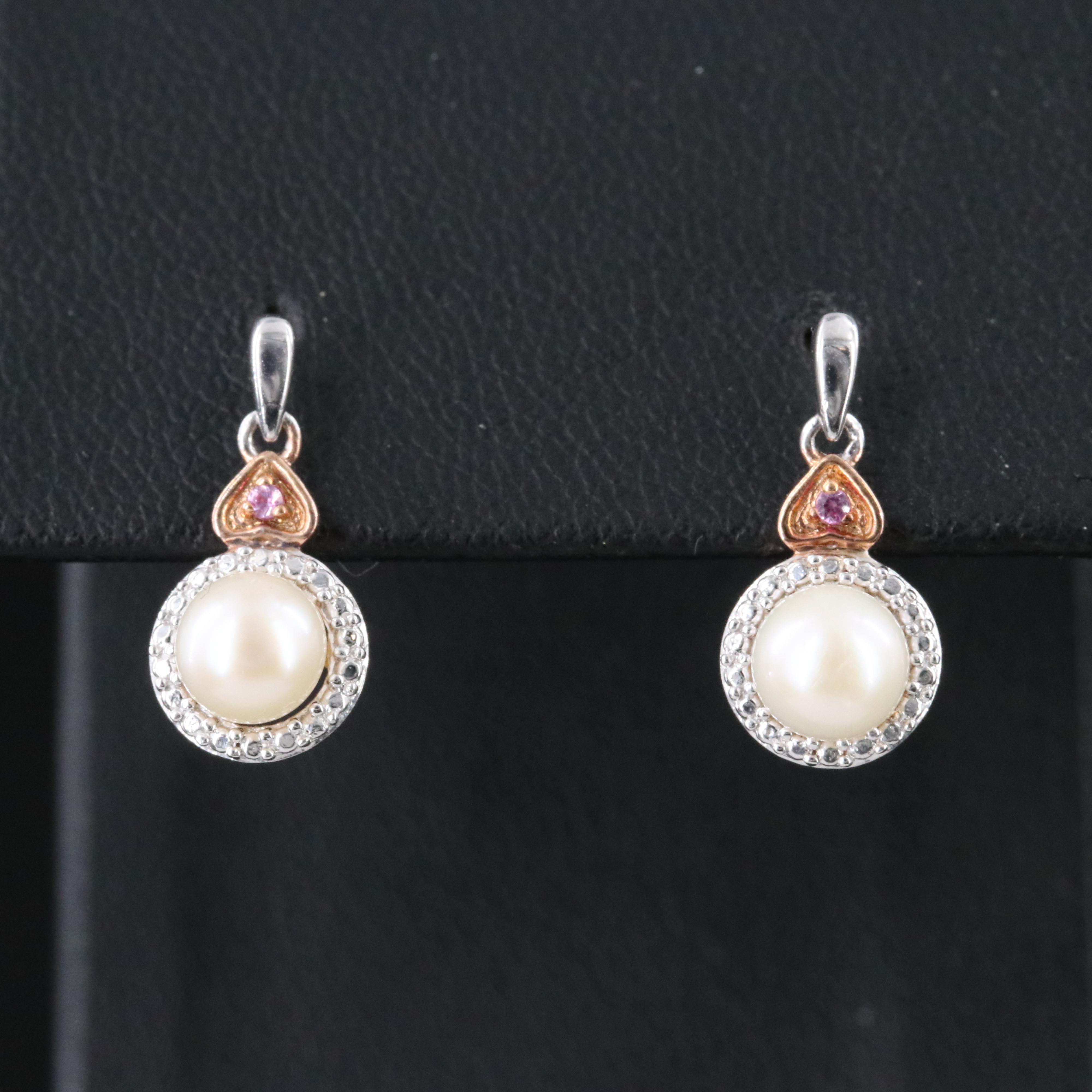 Sterling Pearl and Ruby Pendant Earrings with Rose Tone Accent