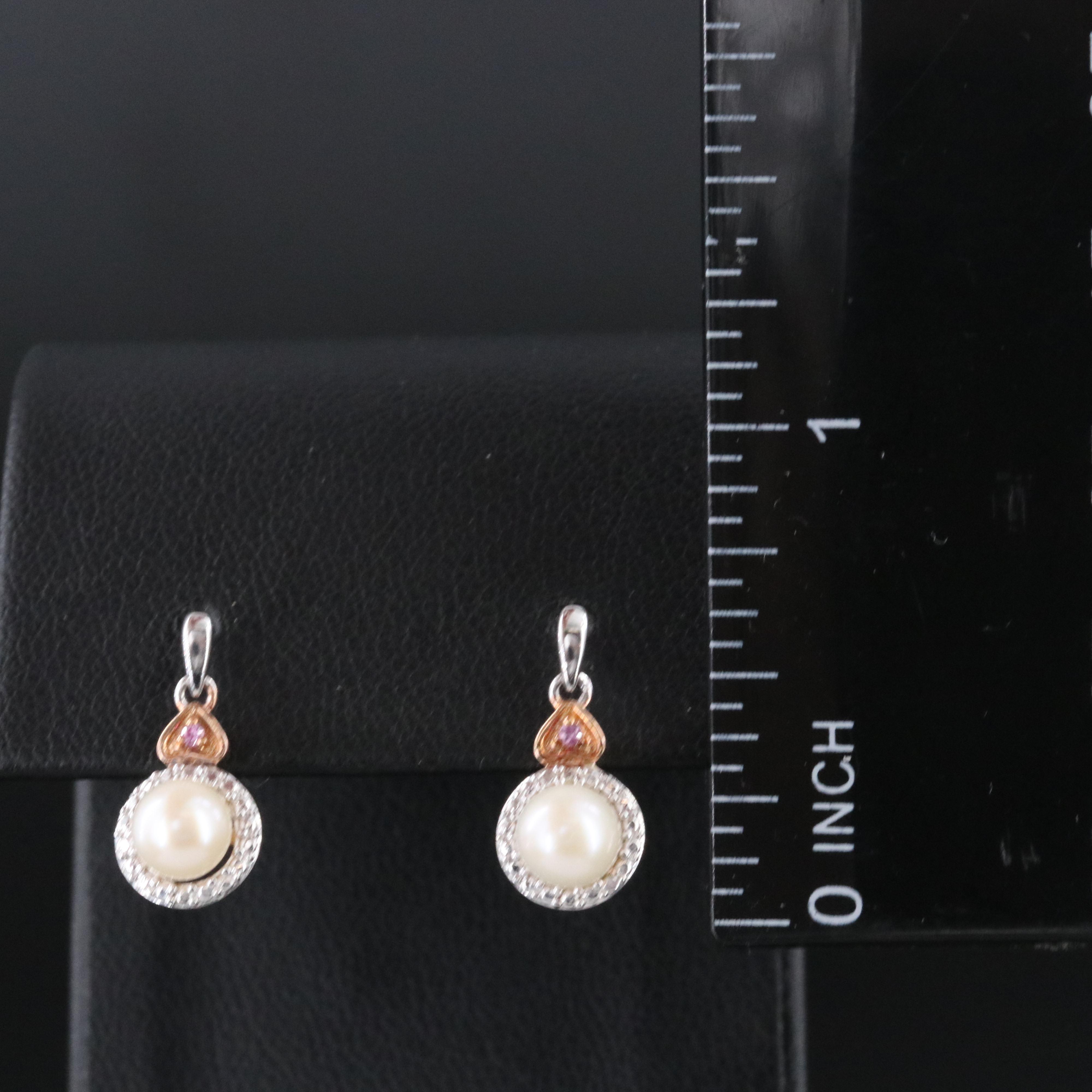Sterling Pearl and Ruby Pendant Earrings with Rose Tone Accent