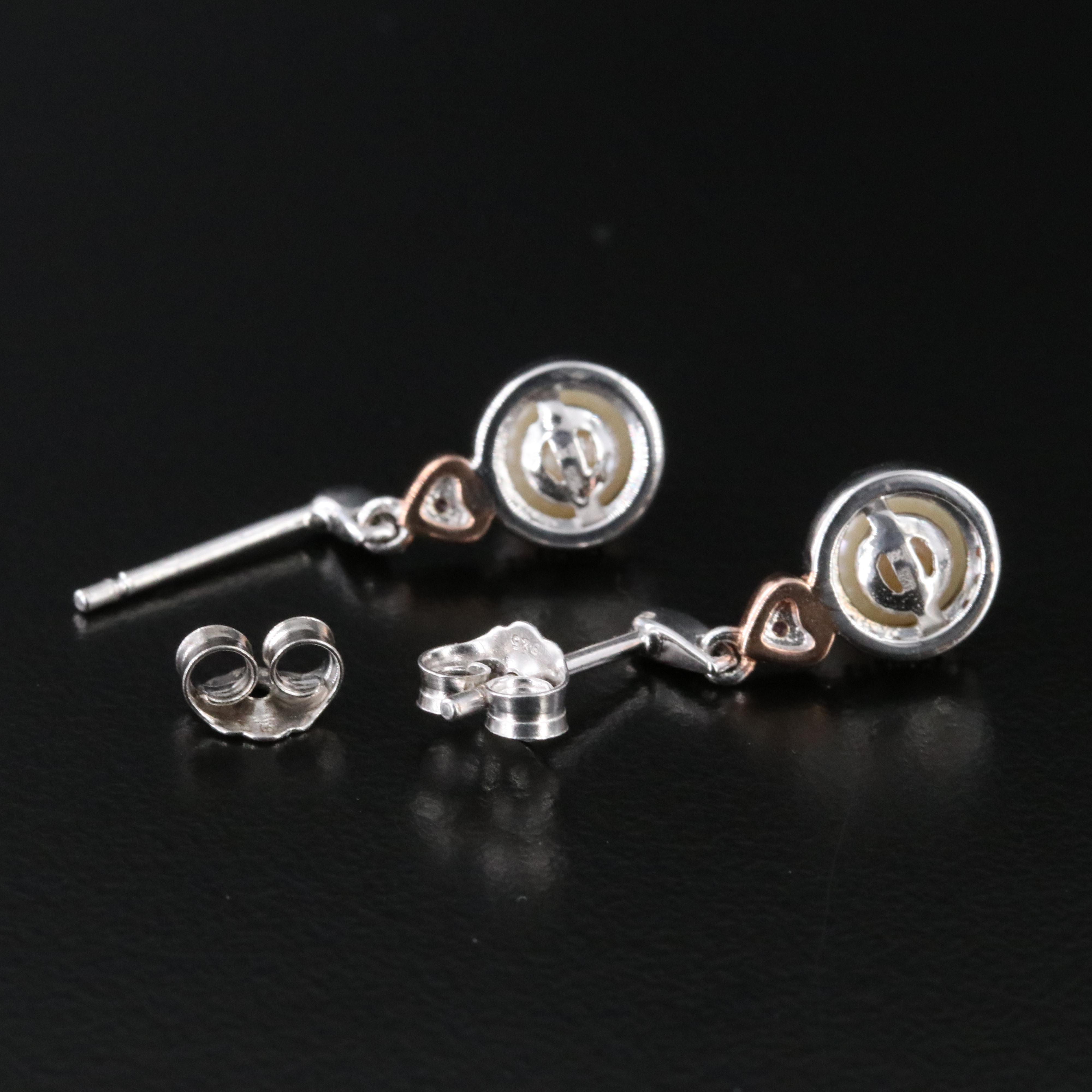 Sterling Pearl and Ruby Pendant Earrings with Rose Tone Accent