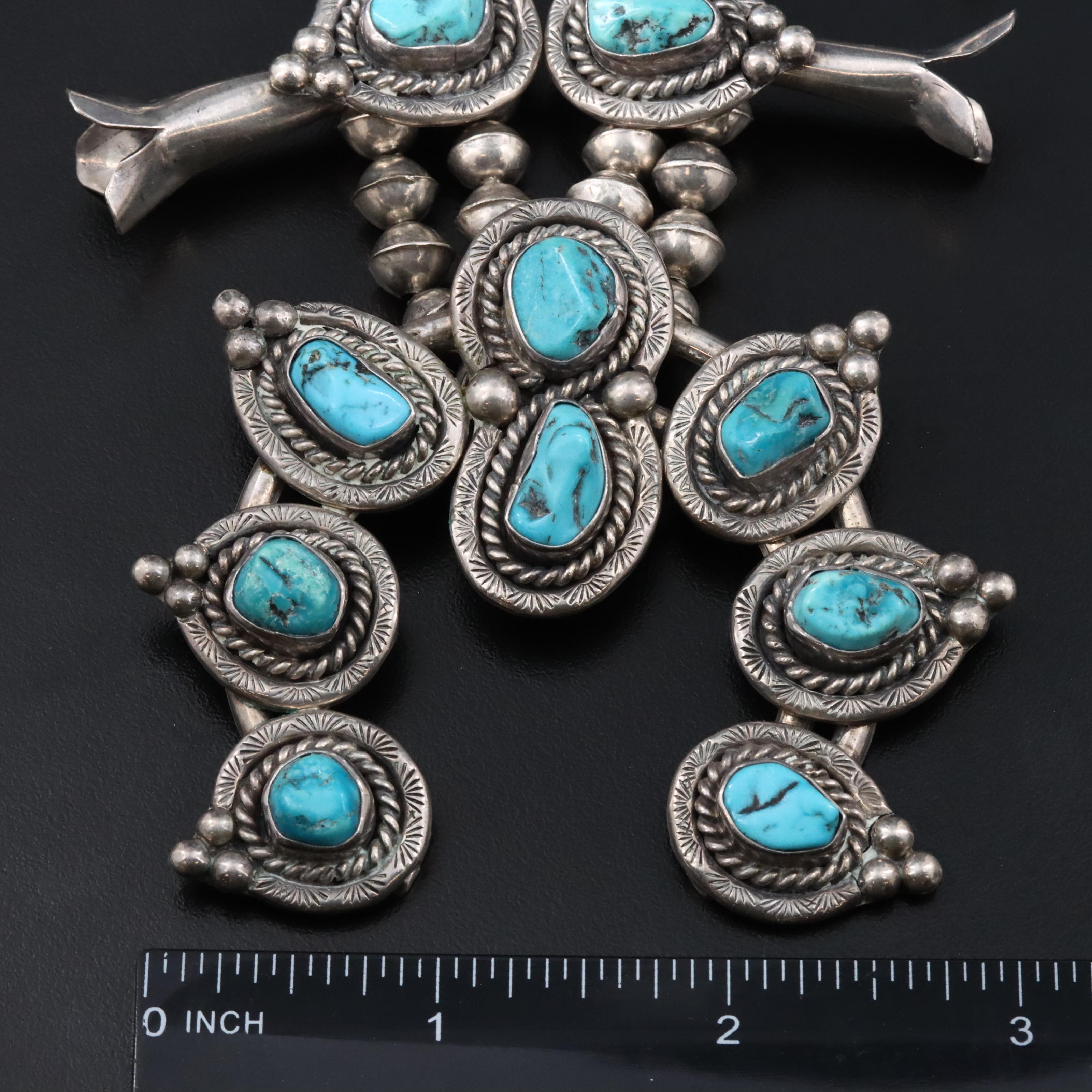 Southwestern Sterling Turquoise Squash Blossom Necklace