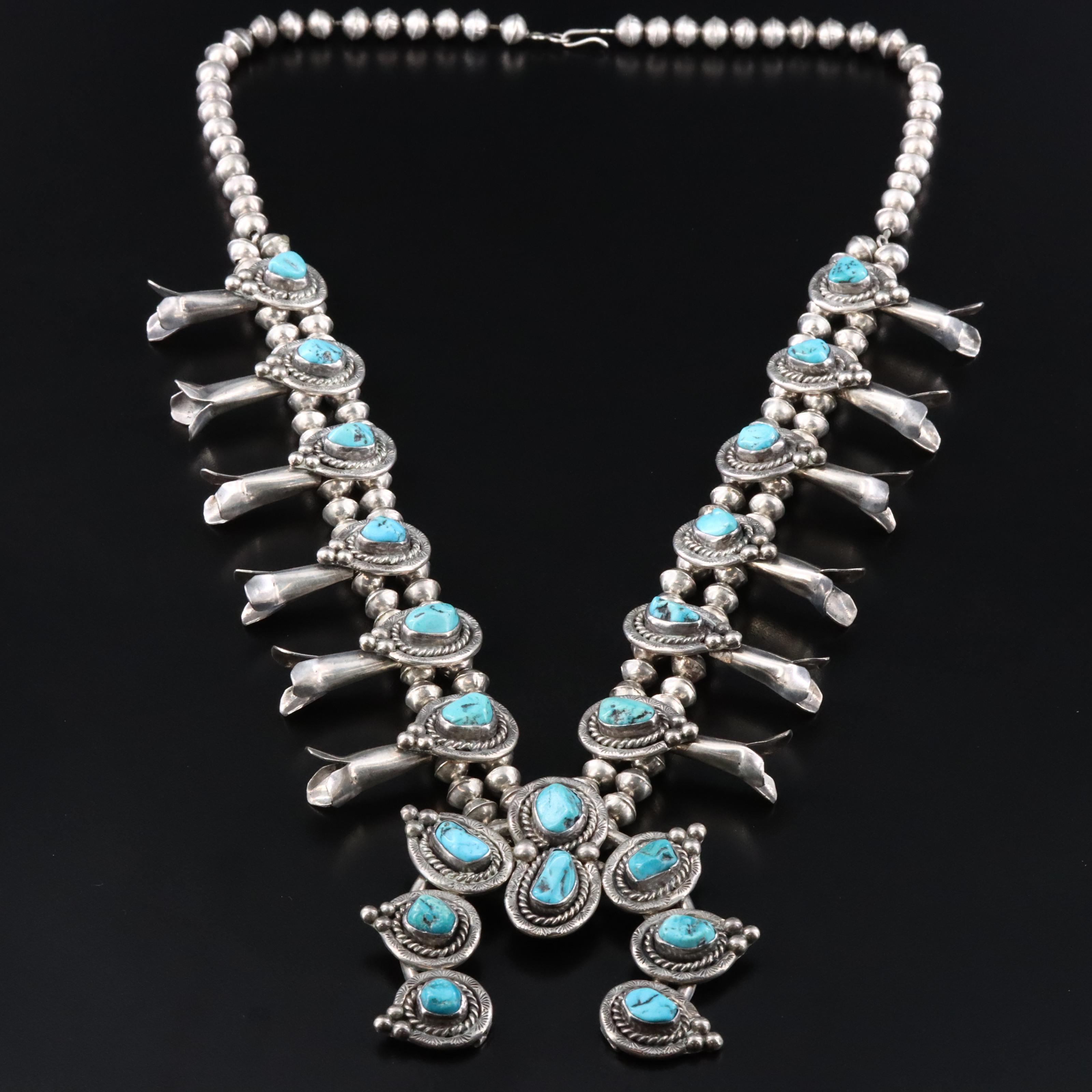 Southwestern Sterling Turquoise Squash Blossom Necklace