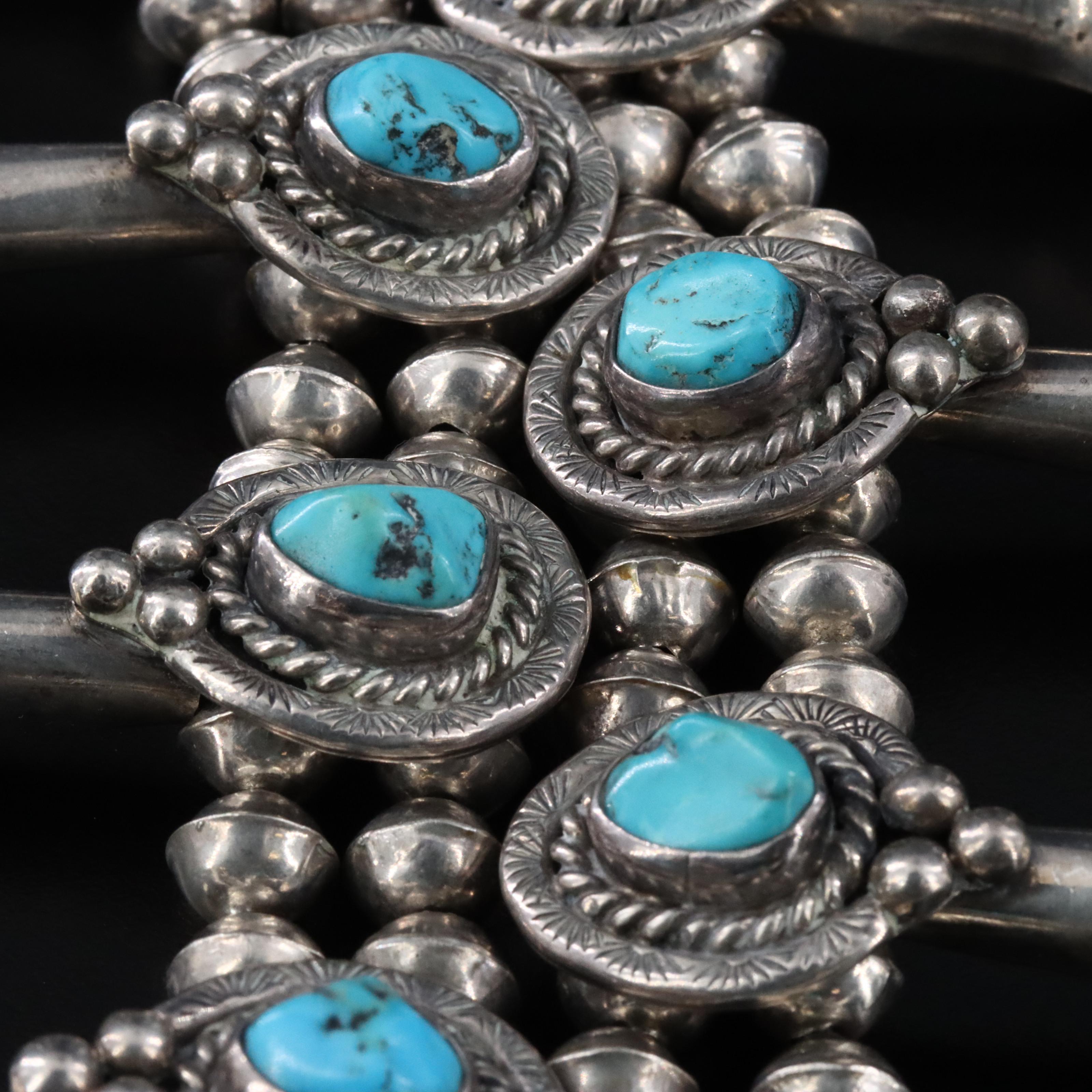 Southwestern Sterling Turquoise Squash Blossom Necklace