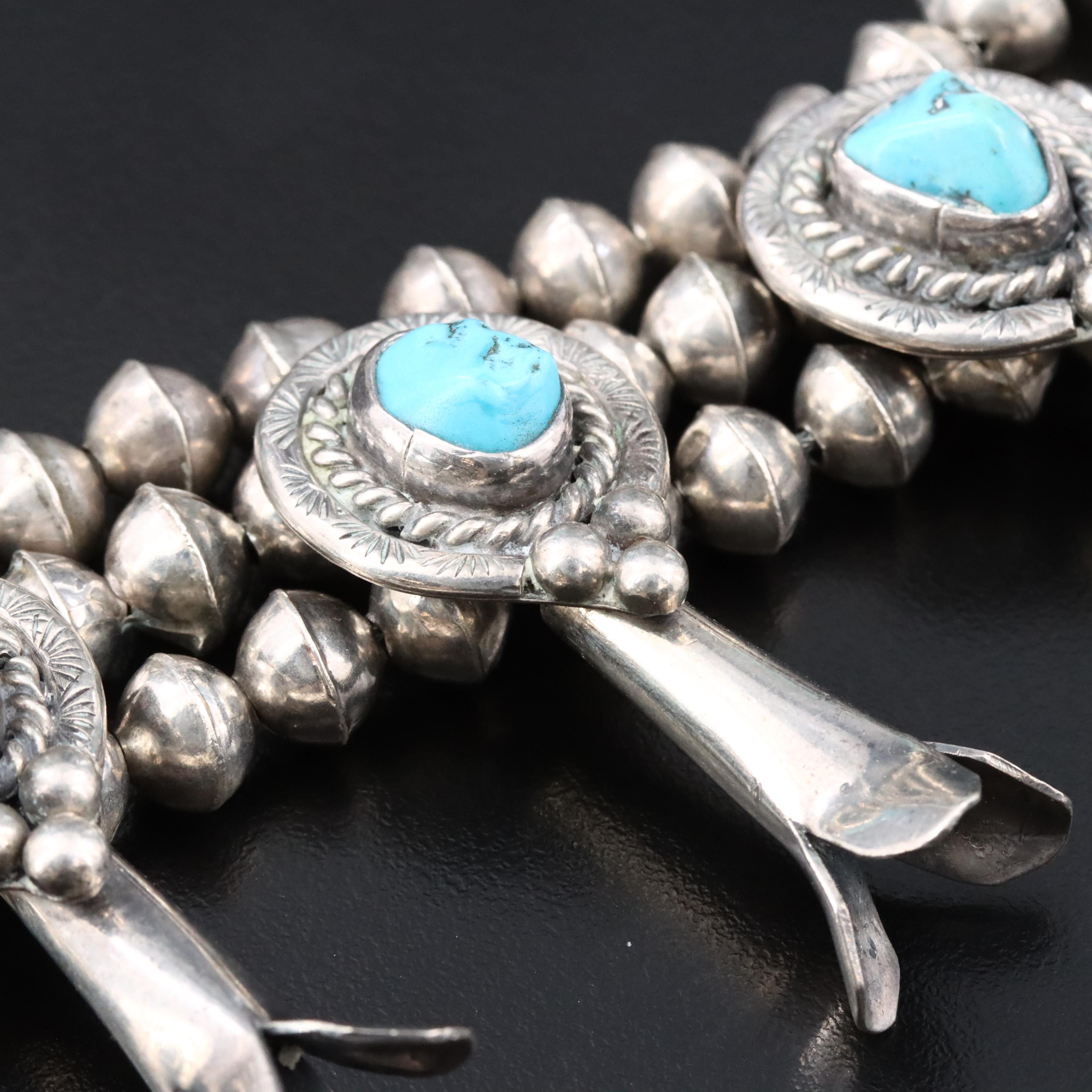 Southwestern Sterling Turquoise Squash Blossom Necklace