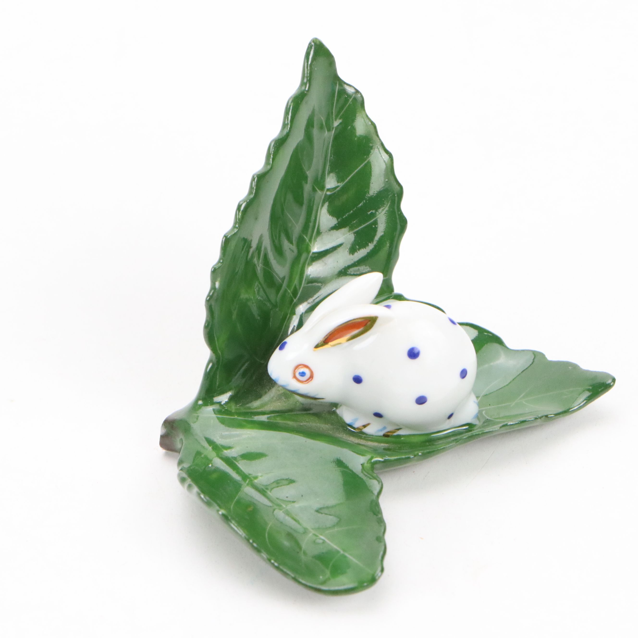 Herend "Rabbit on Leaf" Porcelain Figurine with Other Ceramic Animals