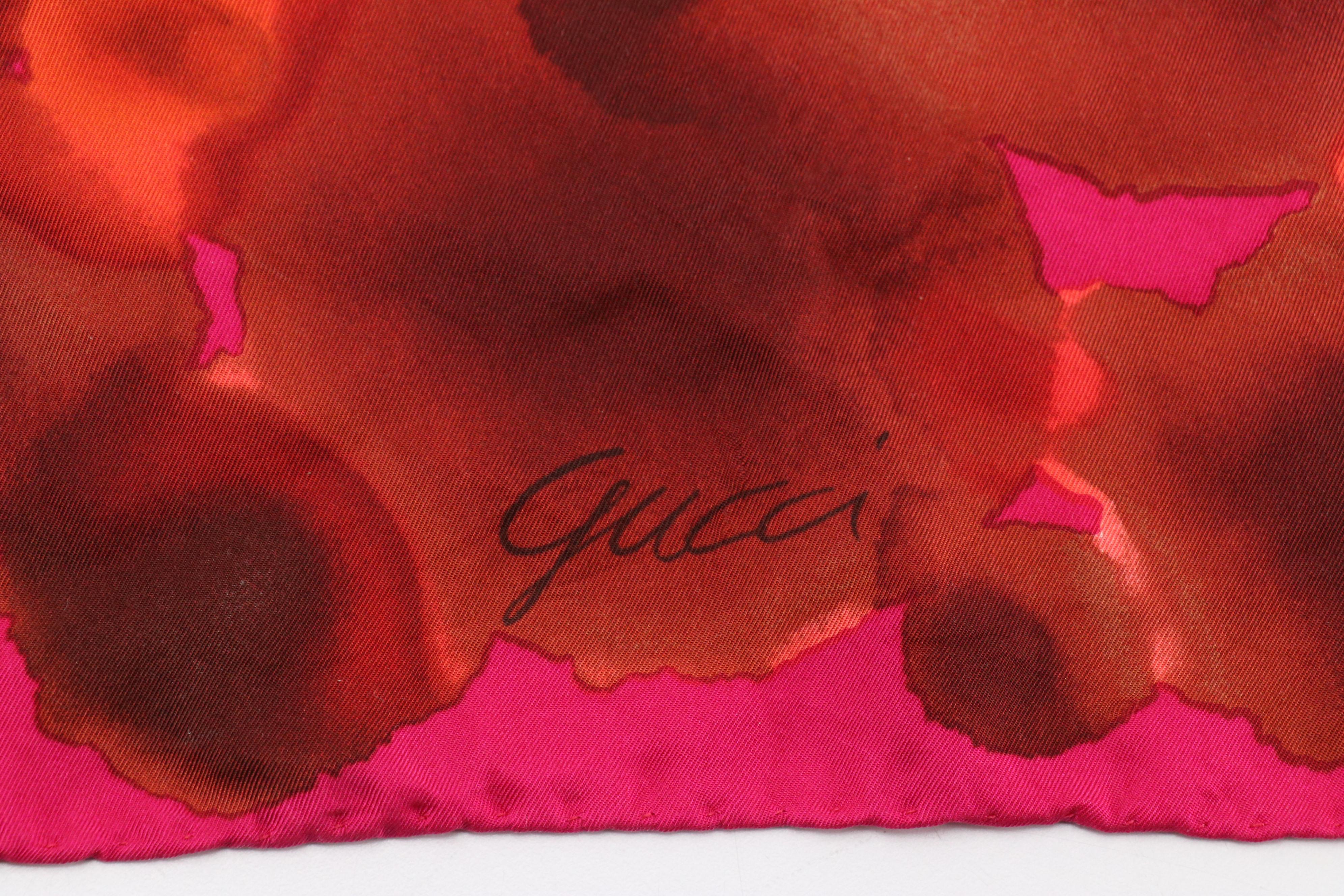 Gucci Vintage Red and Pink Floral Printed Square Silk Scarf
