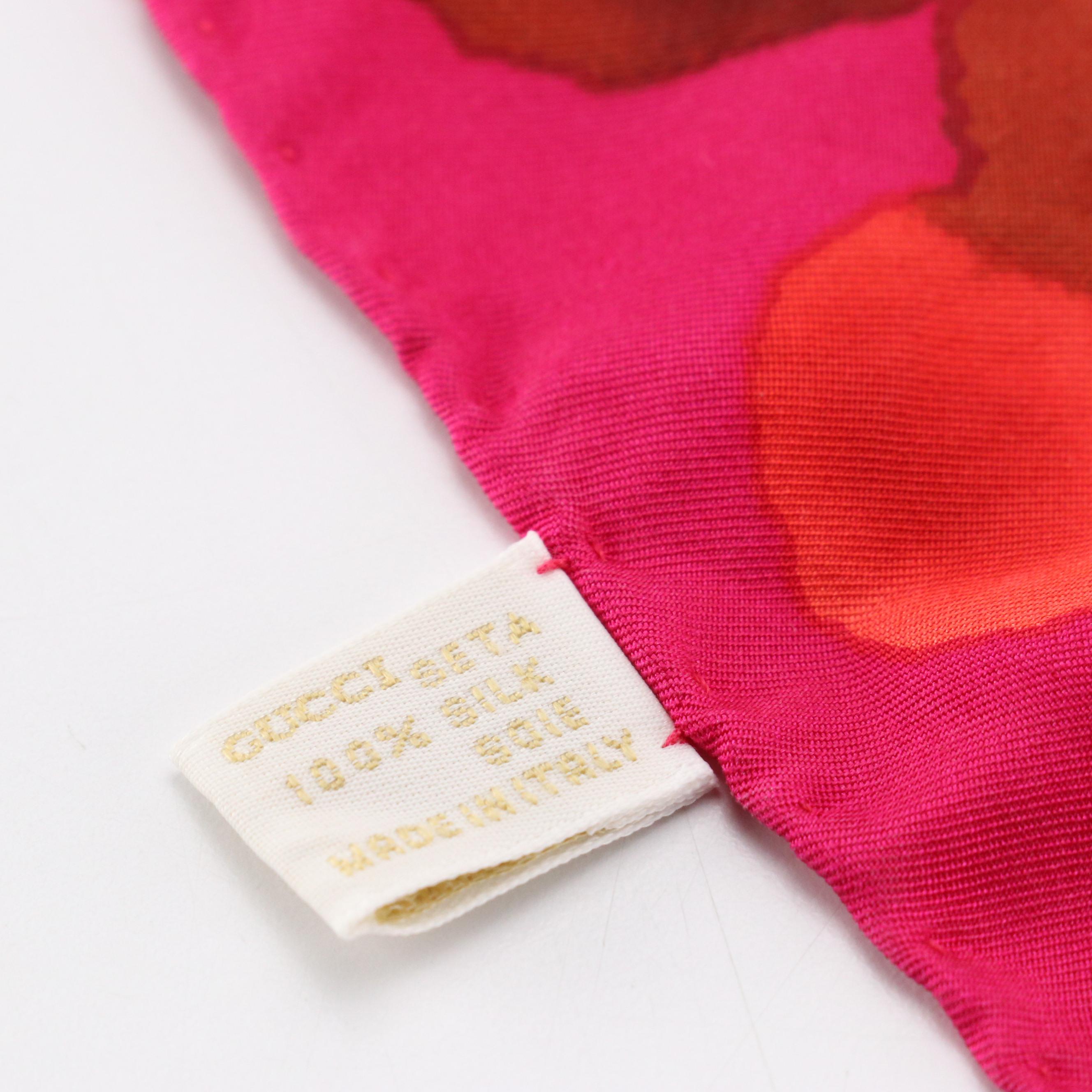 Gucci Vintage Red and Pink Floral Printed Square Silk Scarf