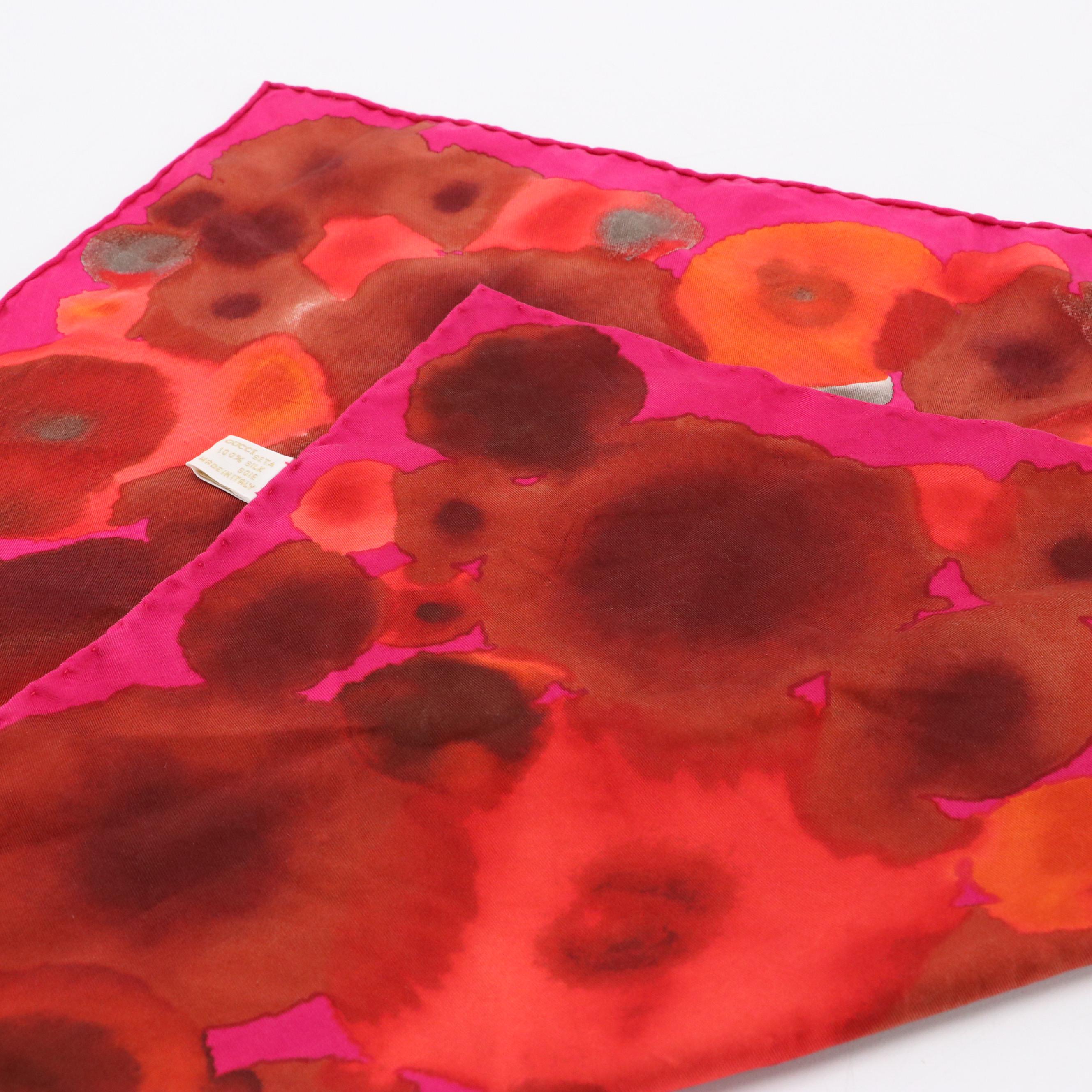 Gucci Vintage Red and Pink Floral Printed Square Silk Scarf