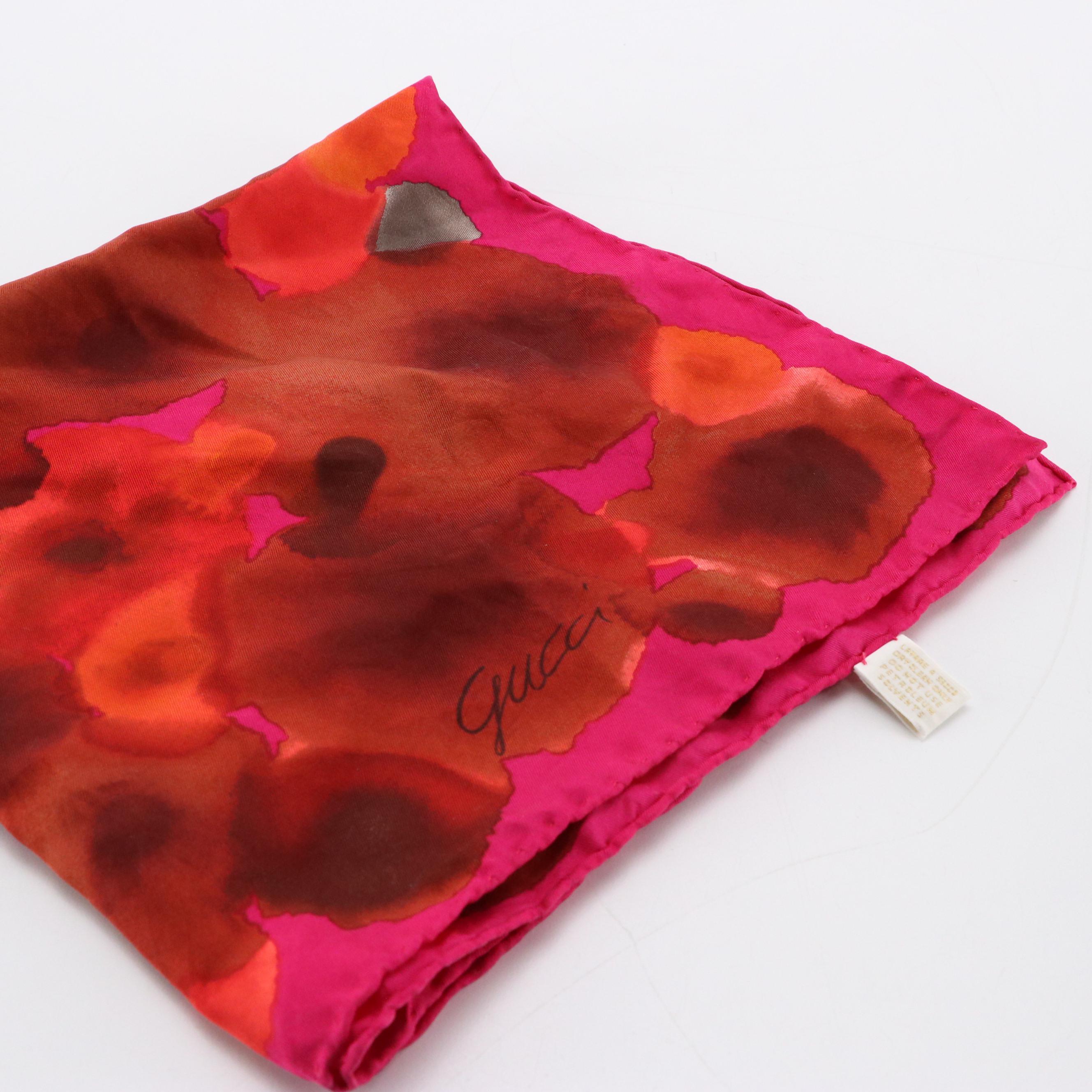 Gucci Vintage Red and Pink Floral Printed Square Silk Scarf