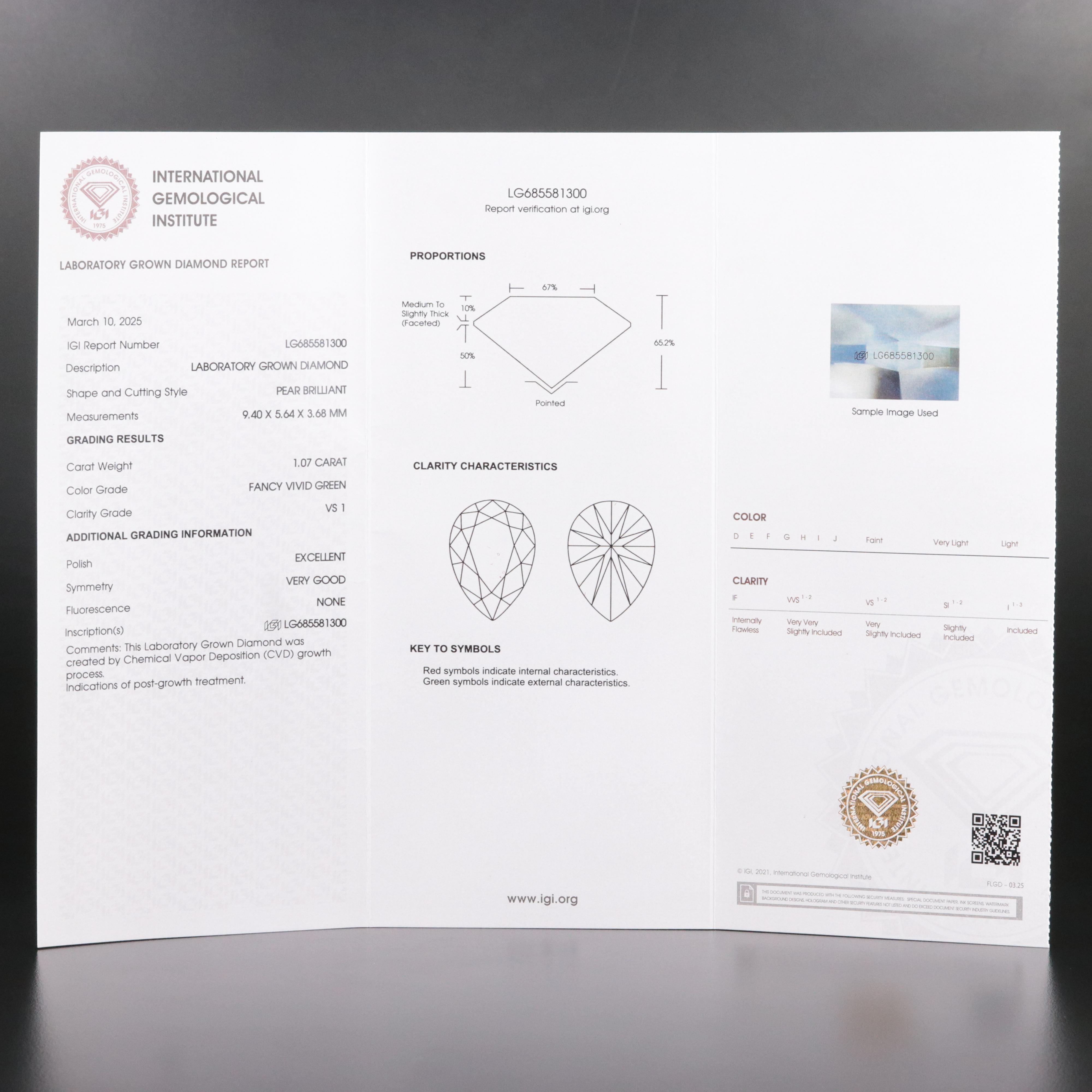Loose 1.07 CT Lab Grown Fancy Green Diamond with IGI Report