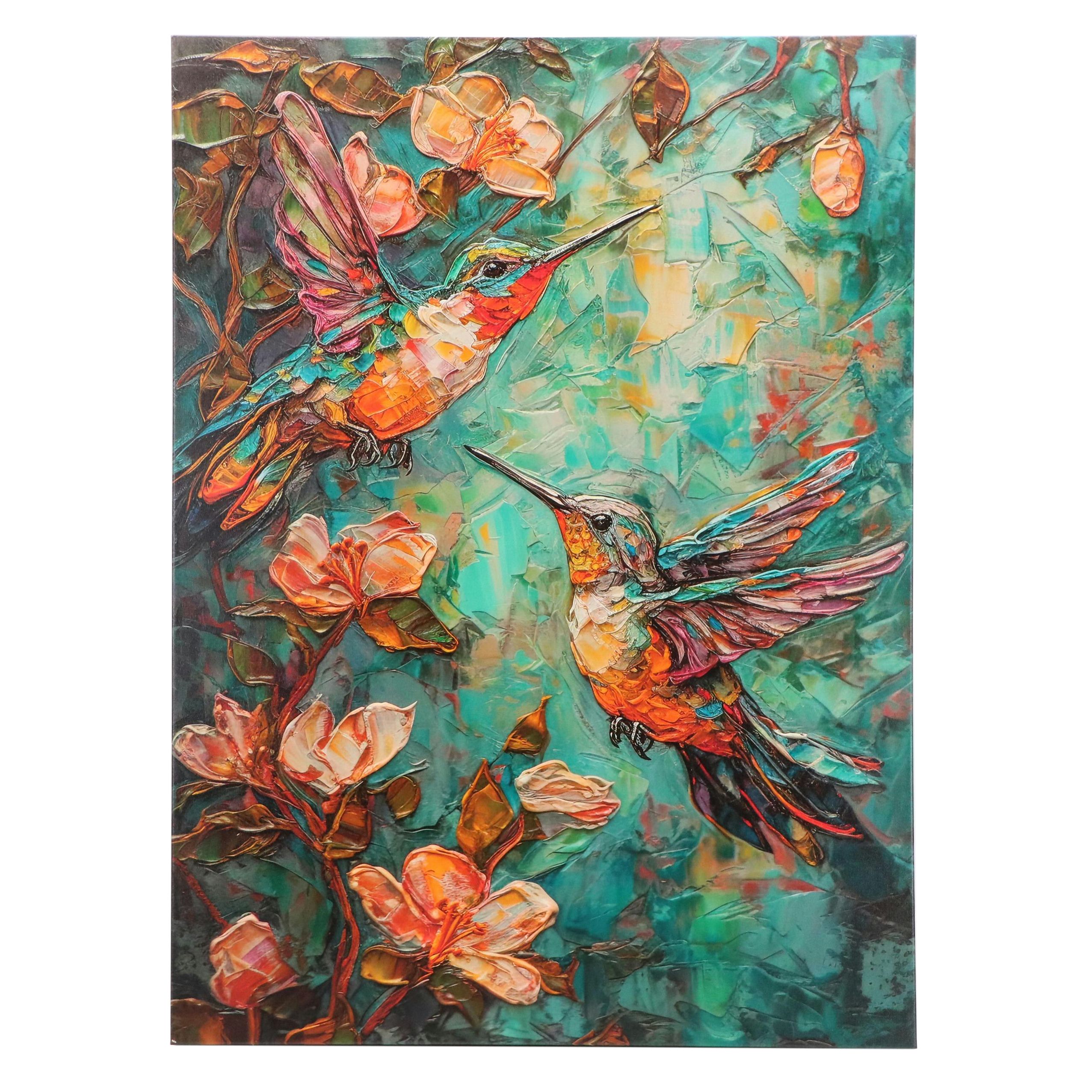 Giclée on Canvas of Stylized Hummingbirds and Flowers, 21st Century