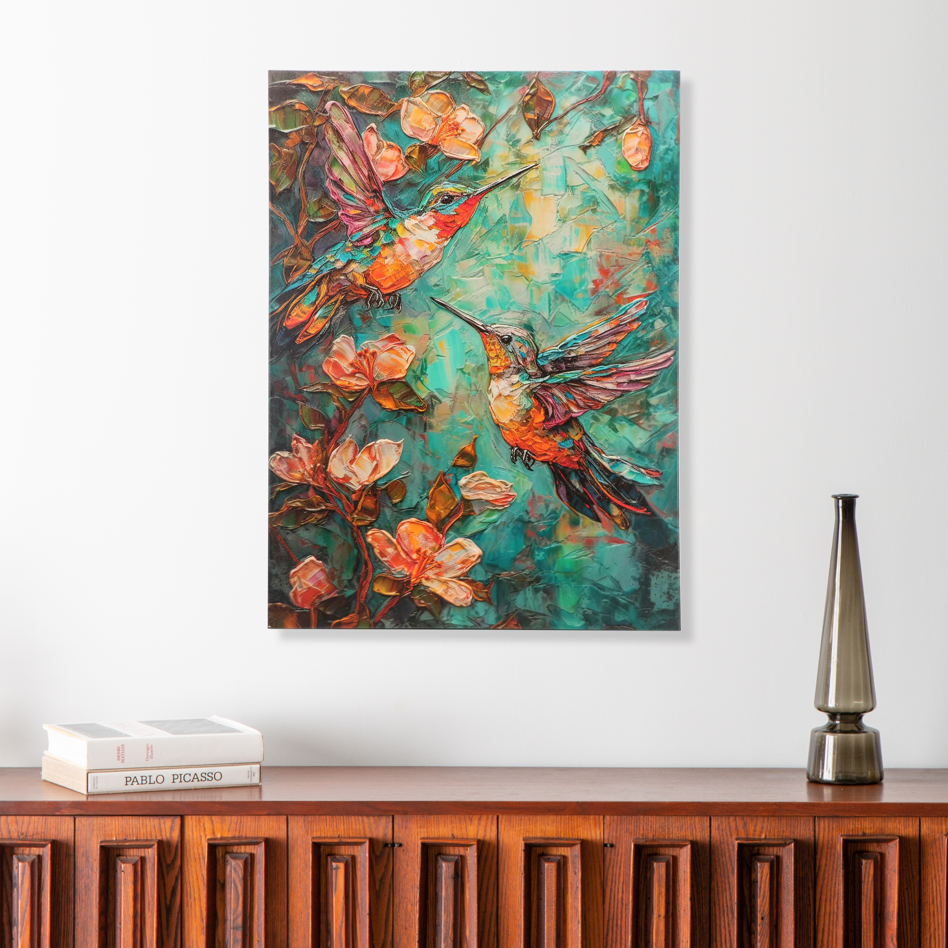 Giclée on Canvas of Stylized Hummingbirds and Flowers, 21st Century