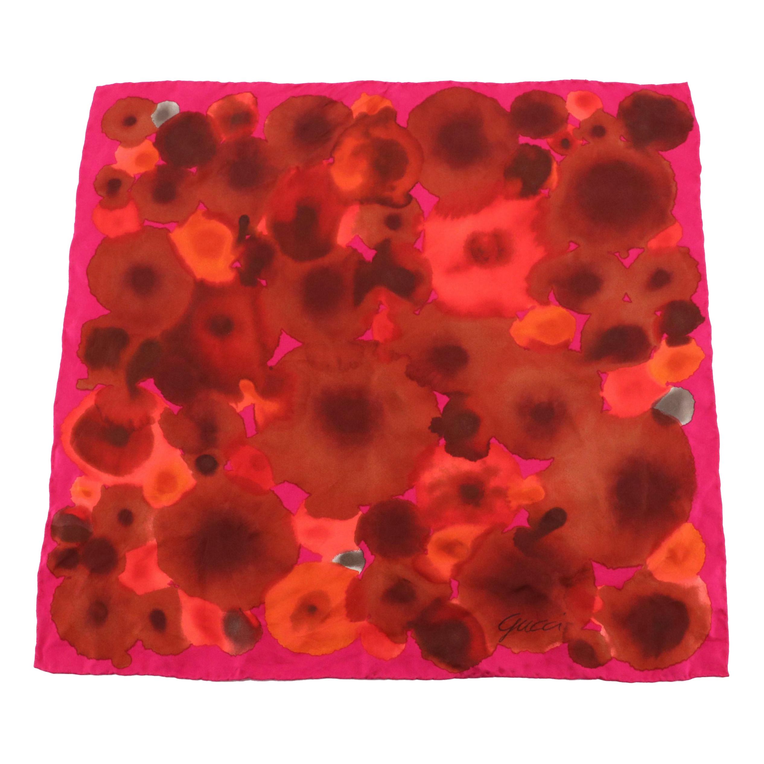 Gucci Vintage Red and Pink Floral Printed Square Silk Scarf