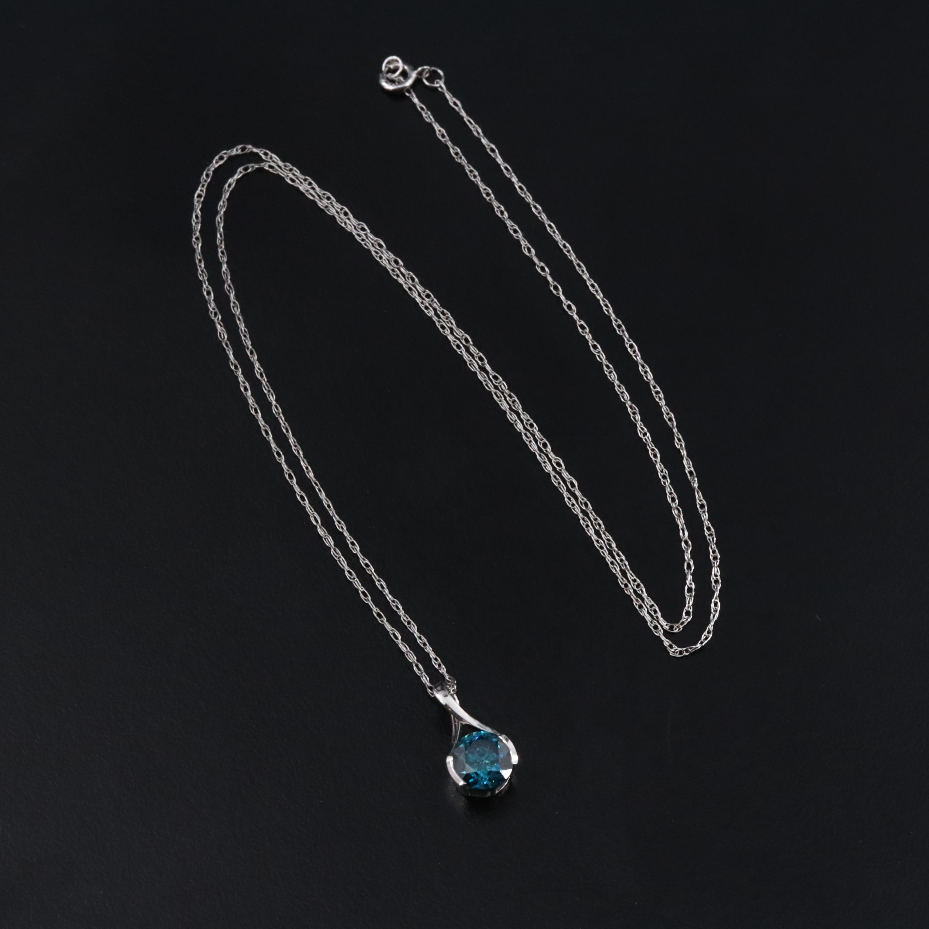 14K 0.97 CT Fancy Blue Diamond Solitaire Pendant Necklace