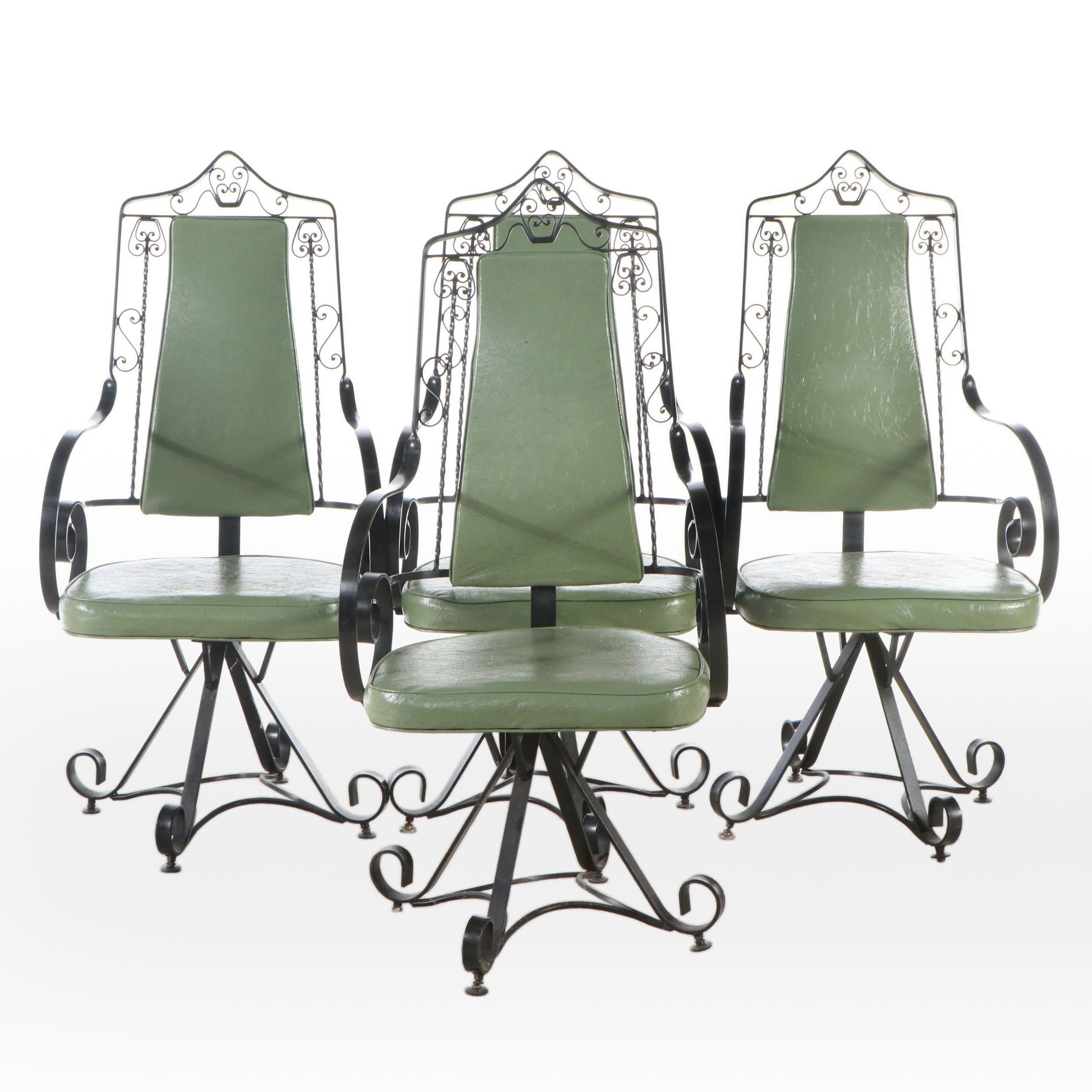 Set of Four Contempo Frames Co. Vinyl and Wrought Iron Swivel Armchairs, 1970s