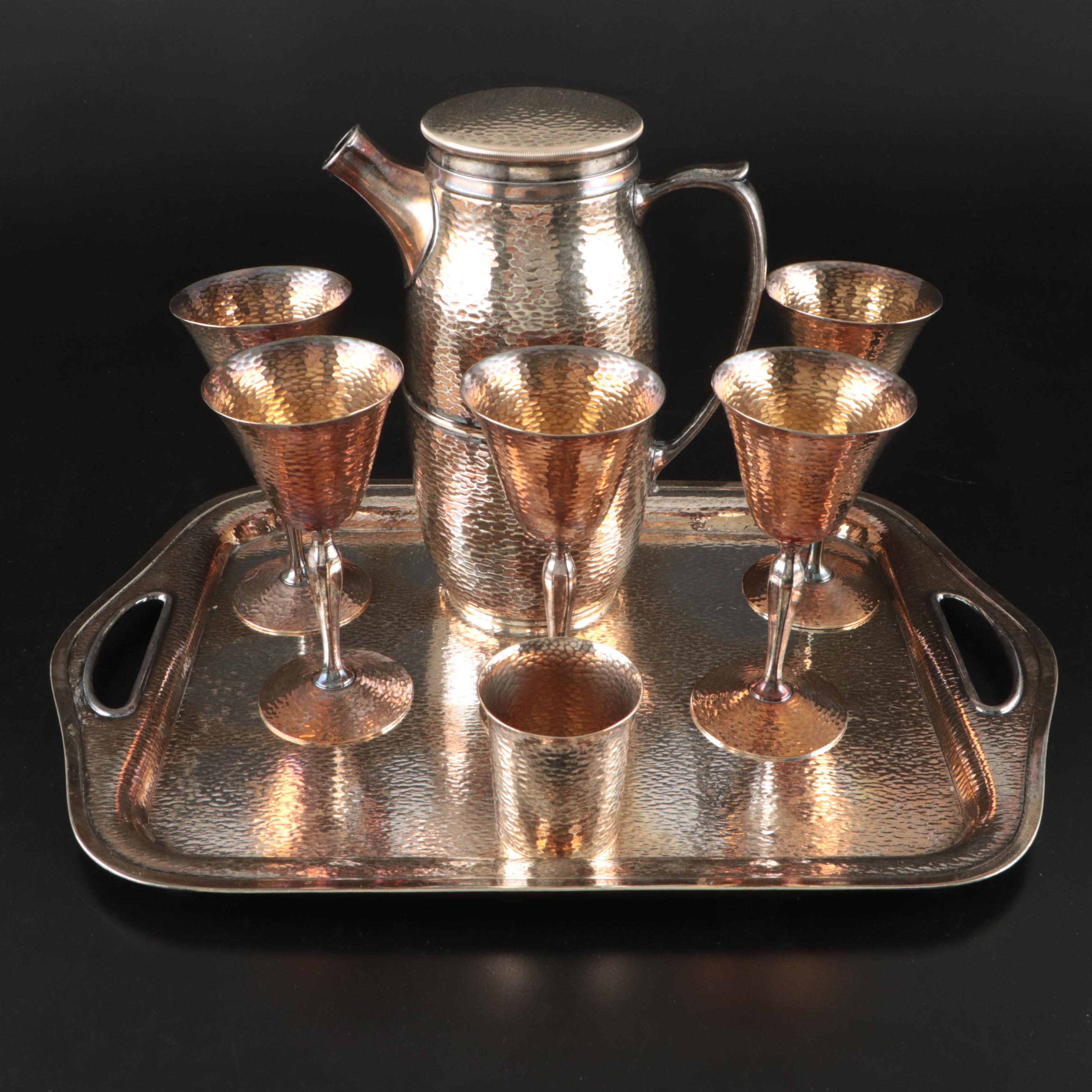 Homan Art Deco Style Hammered Silver Plate Cocktail Set with Tray