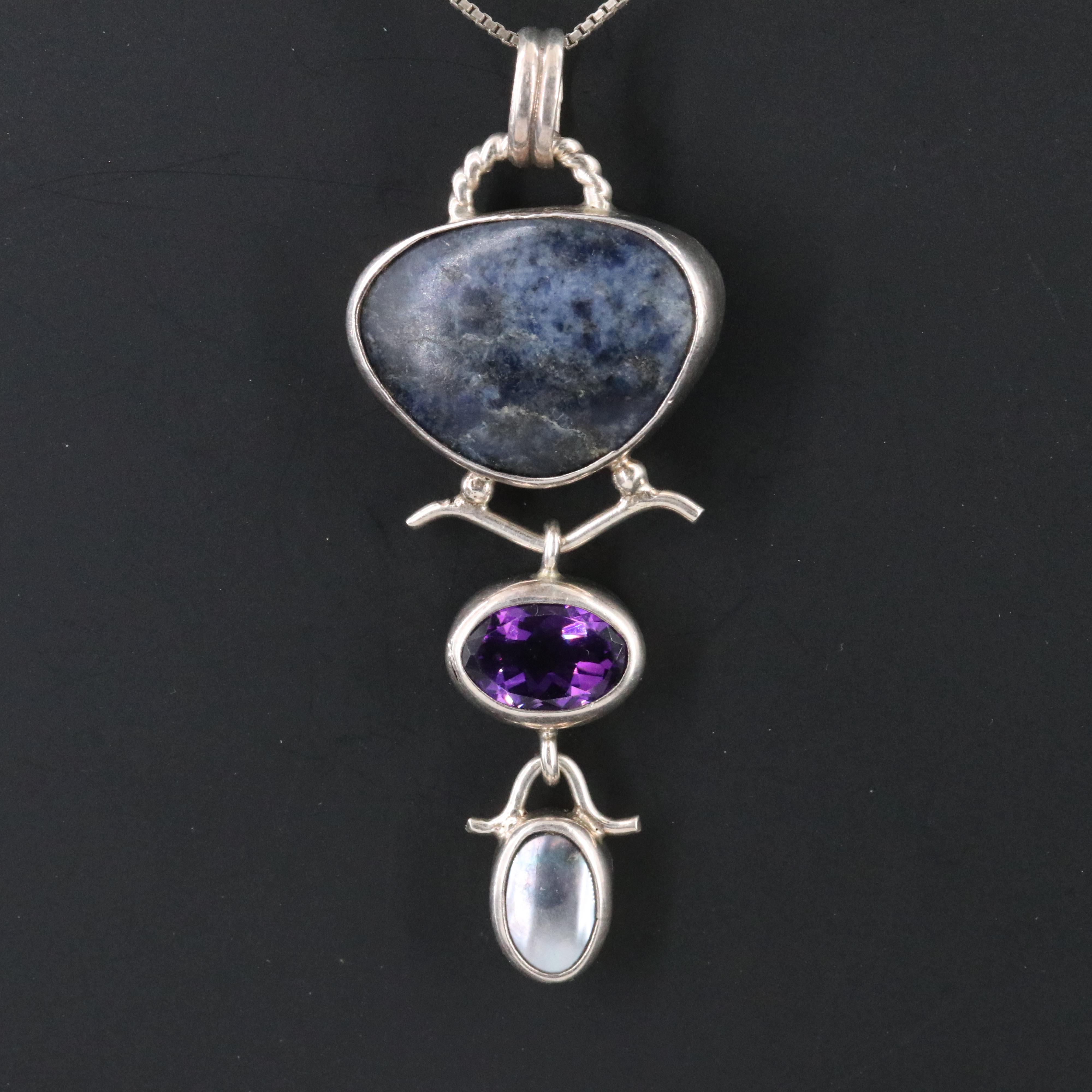 Sterling Sodalite, Amethyst and Pearl Necklace