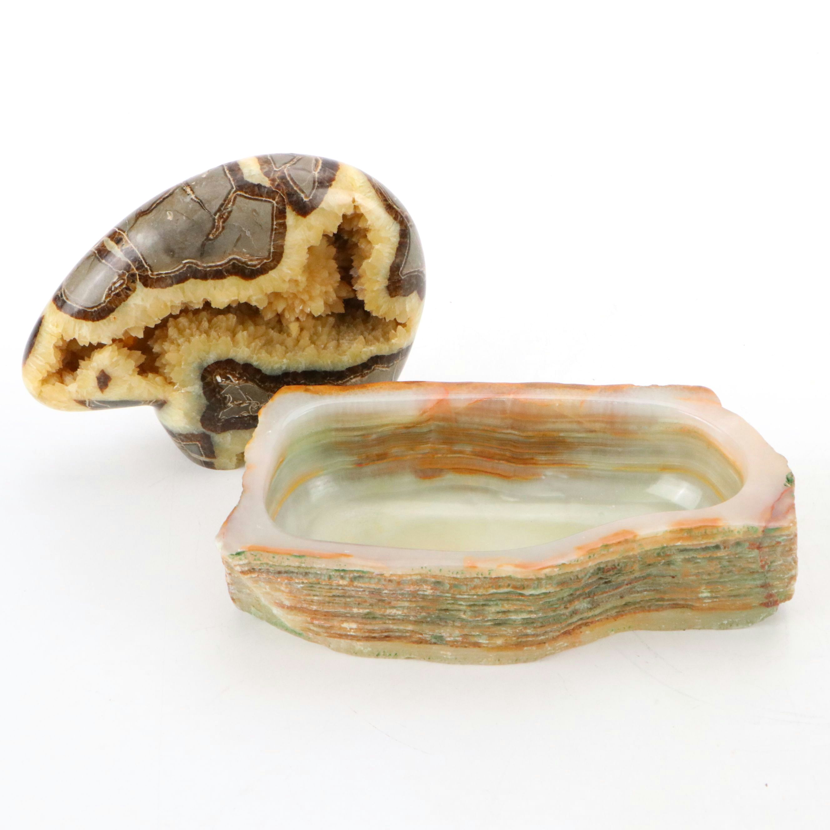 Carved Septarian Nodule Zuni Bear Fetish Figure with Banded Calcite Bowl