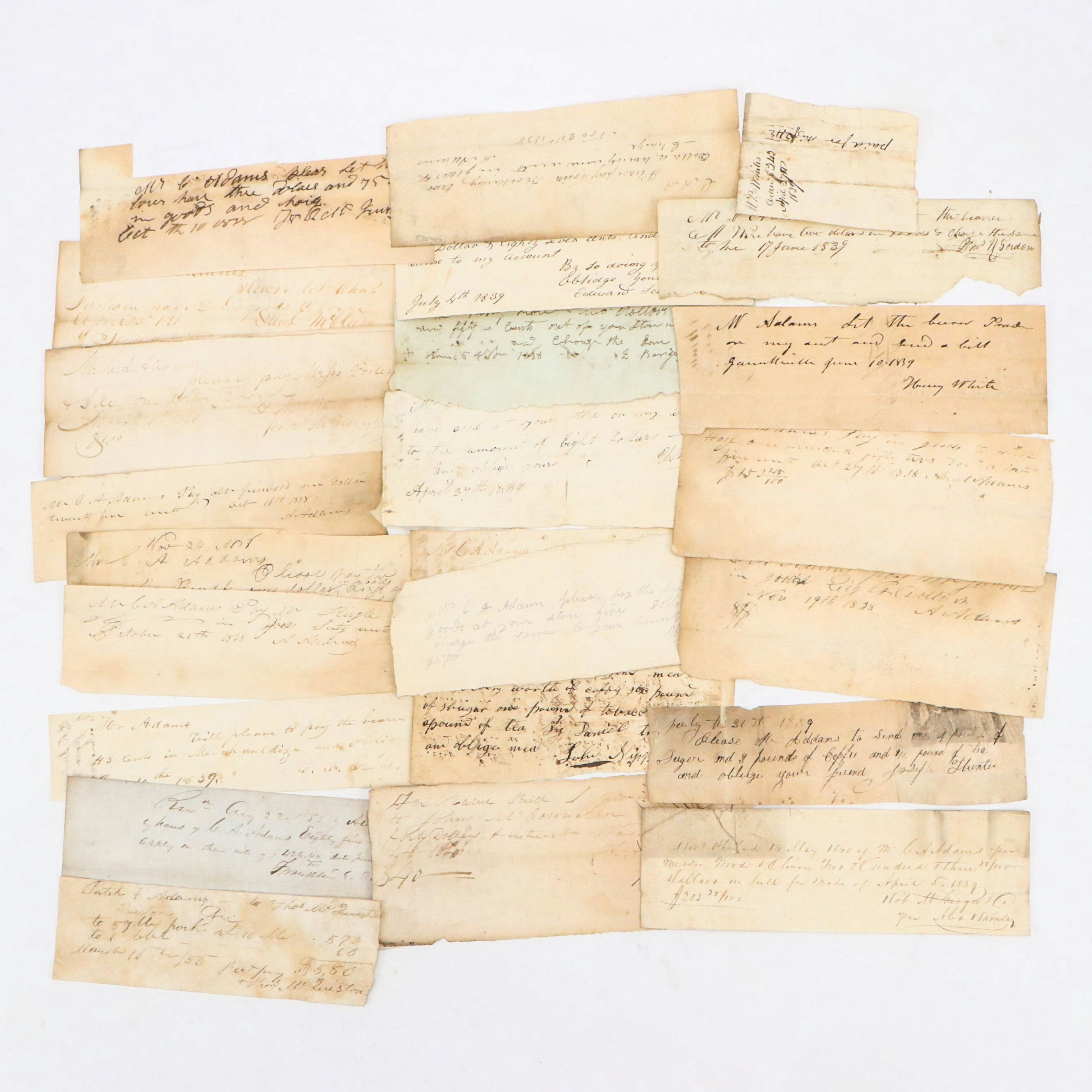 General Store Invoice Notes for Goods, Mid-19th Century