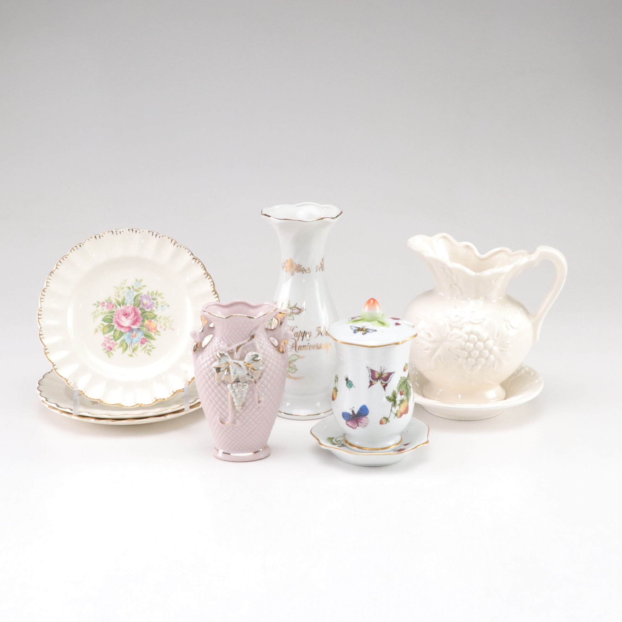 Sebring Pottery "Rosalie" Dessert Plates, Enesco Pitcher & More Gilt Porcelain