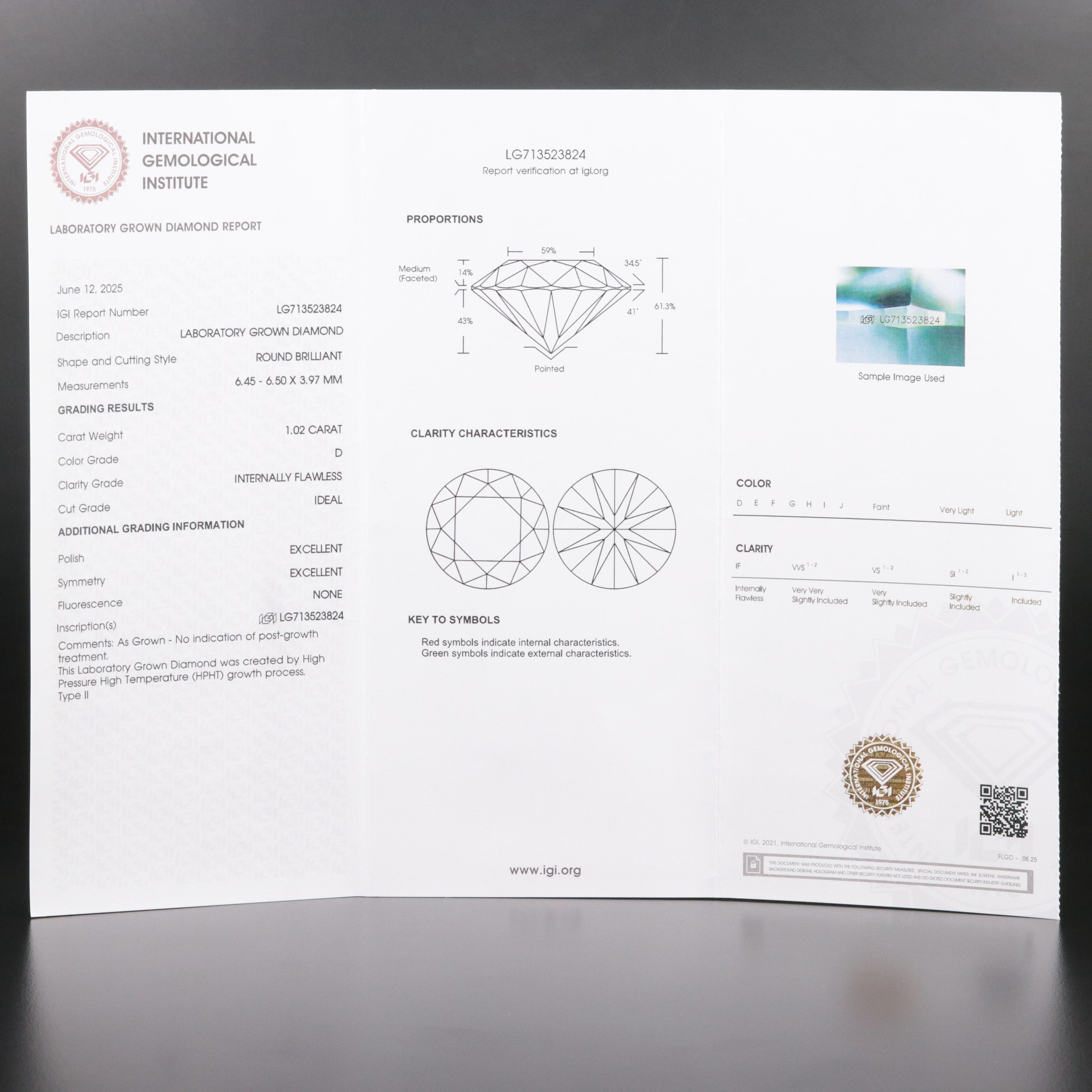 Loose 1.02 CT Internally Flawless Lab Grown Diamond with IGI Report