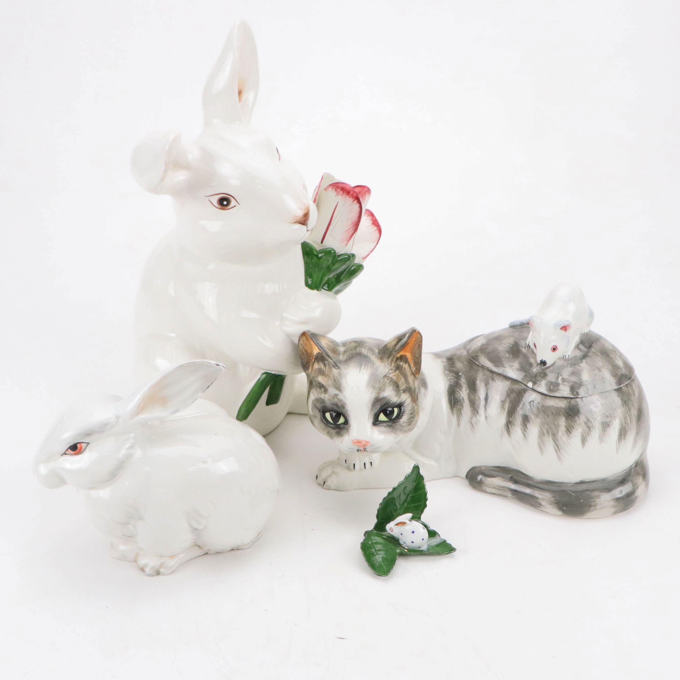 Herend "Rabbit on Leaf" Porcelain Figurine with Other Ceramic Animals