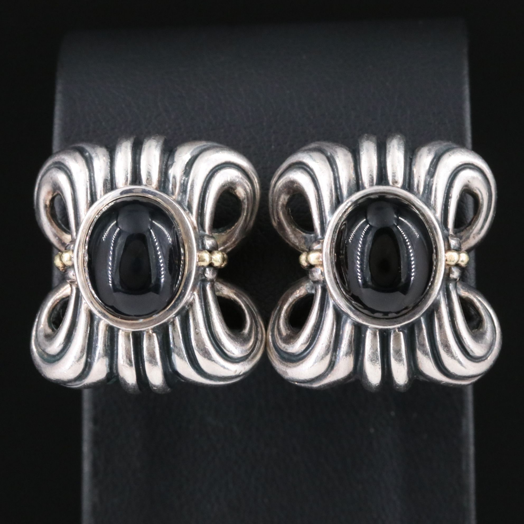 Caviar by Lagos Sterling and Black Onyx Fluted Clip Earrings with 18K Accents