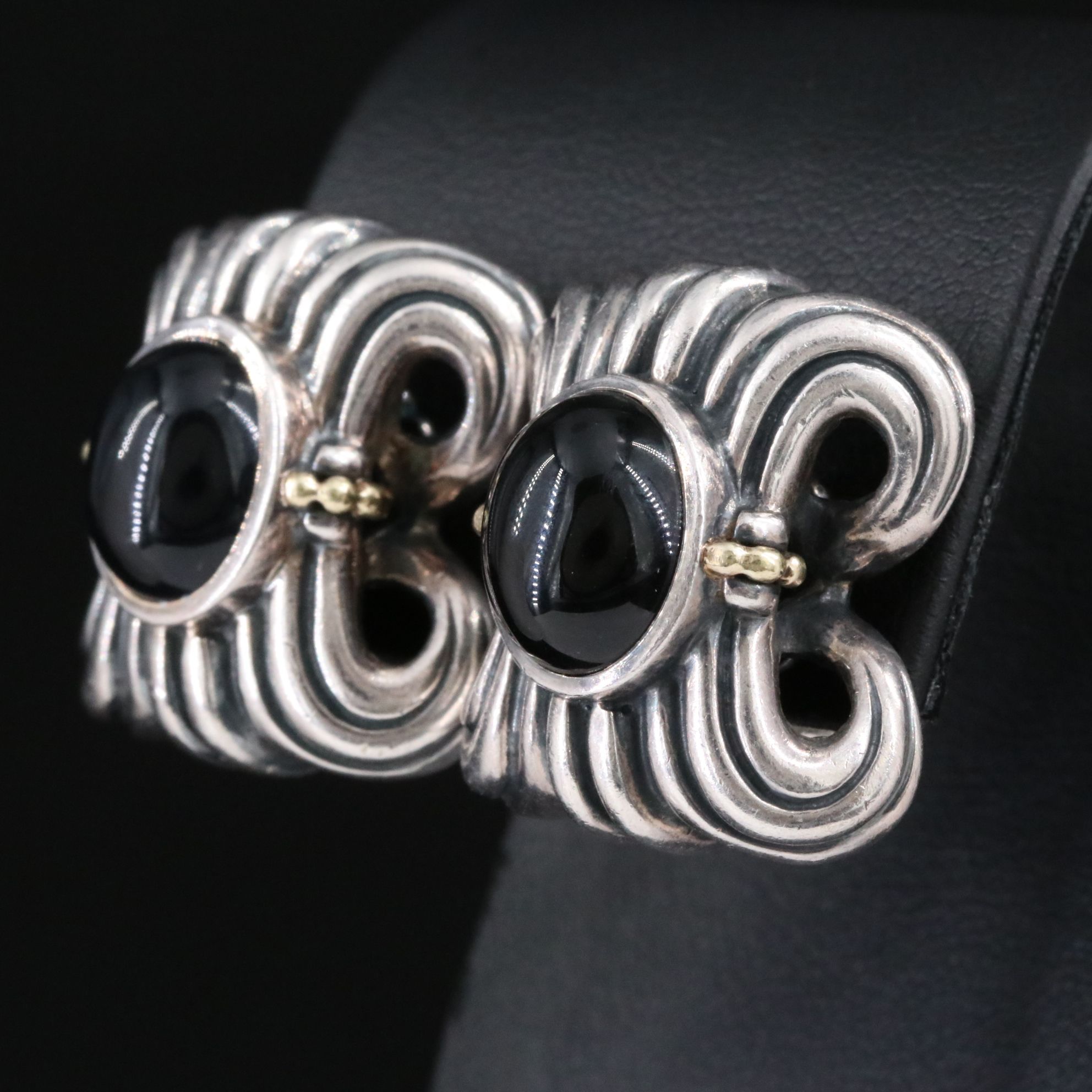 Caviar by Lagos Sterling and Black Onyx Fluted Clip Earrings with 18K Accents