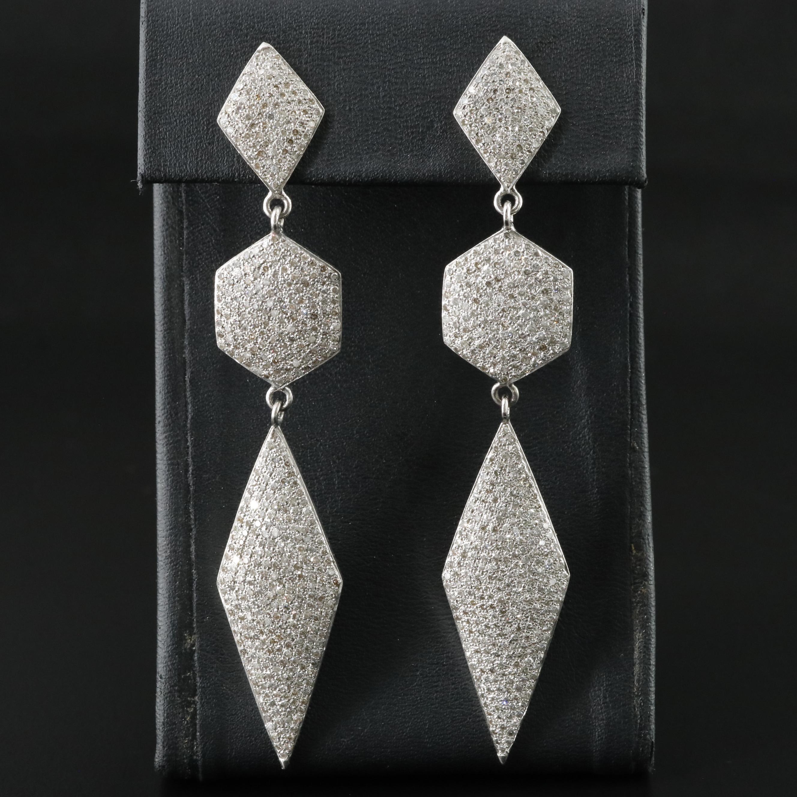 Sterling Pavé Diamond Geometrical Earrings Attributed to Sheryl Lowe