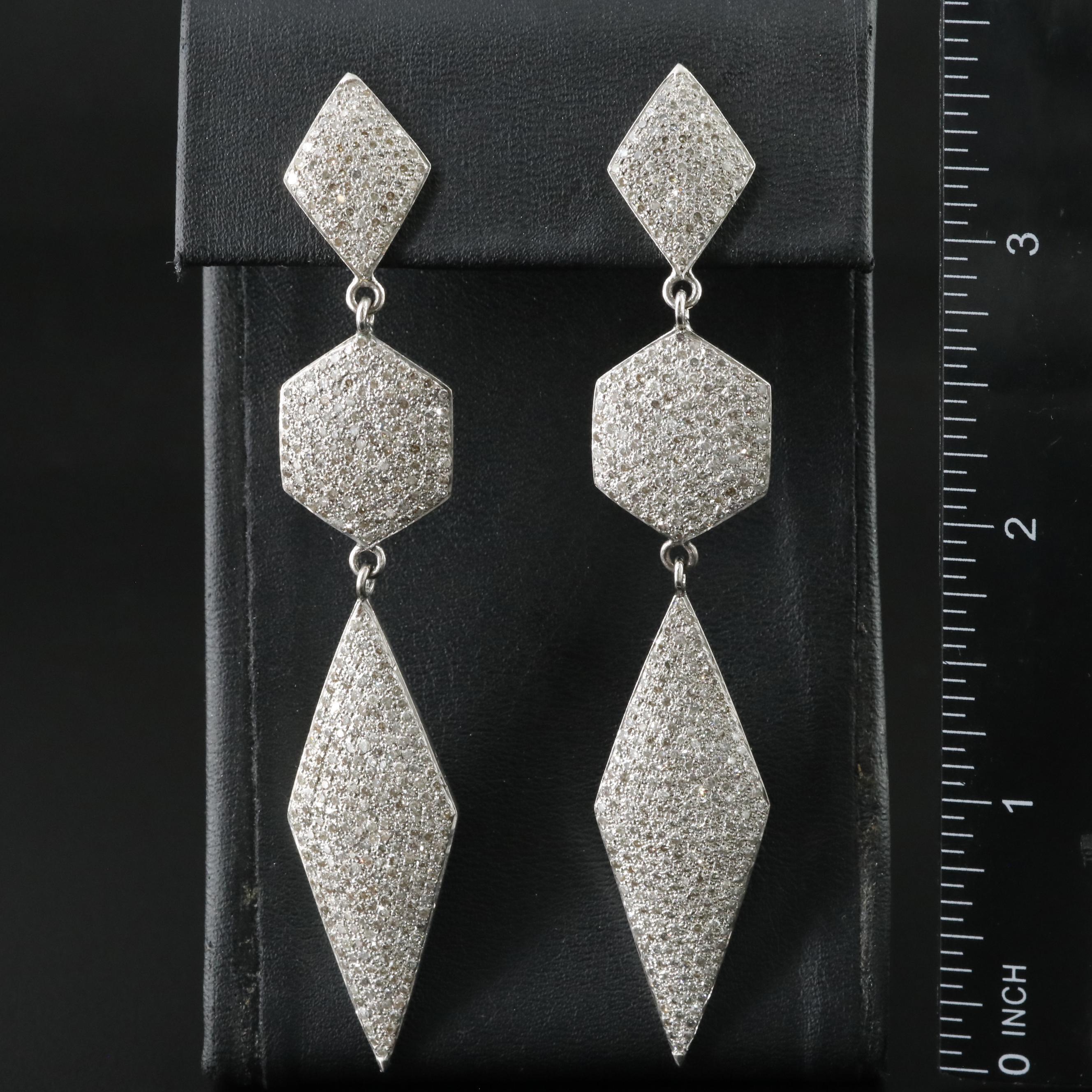 Sterling Pavé Diamond Geometrical Earrings Attributed to Sheryl Lowe