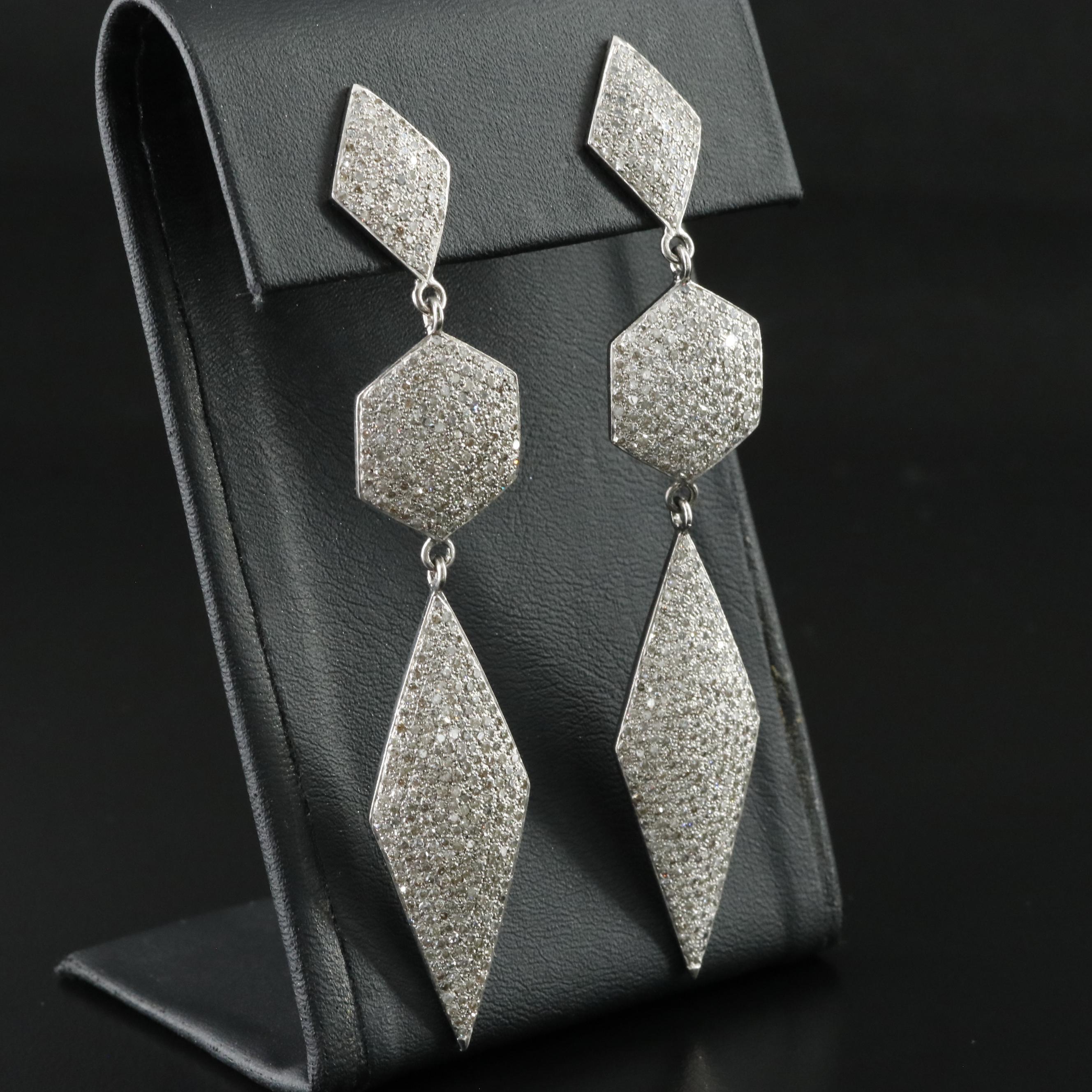 Sterling Pavé Diamond Geometrical Earrings Attributed to Sheryl Lowe