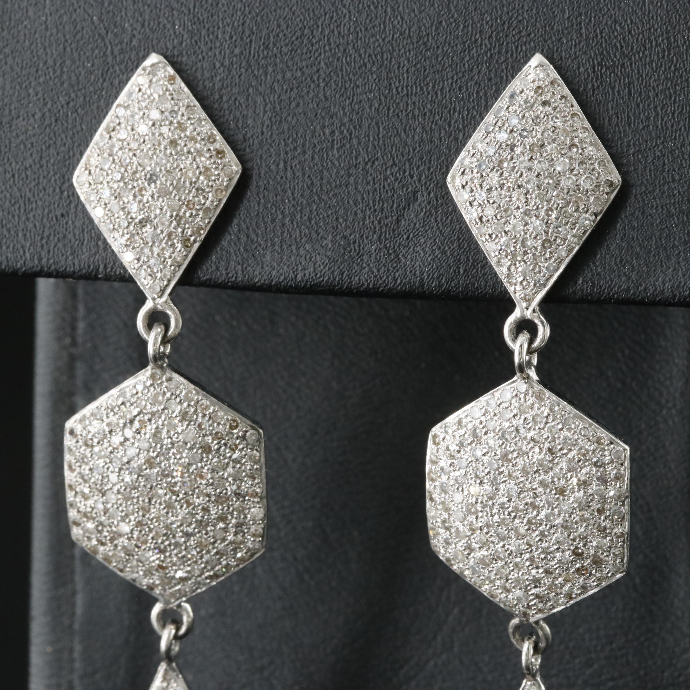 Sterling Pavé Diamond Geometrical Earrings Attributed to Sheryl Lowe