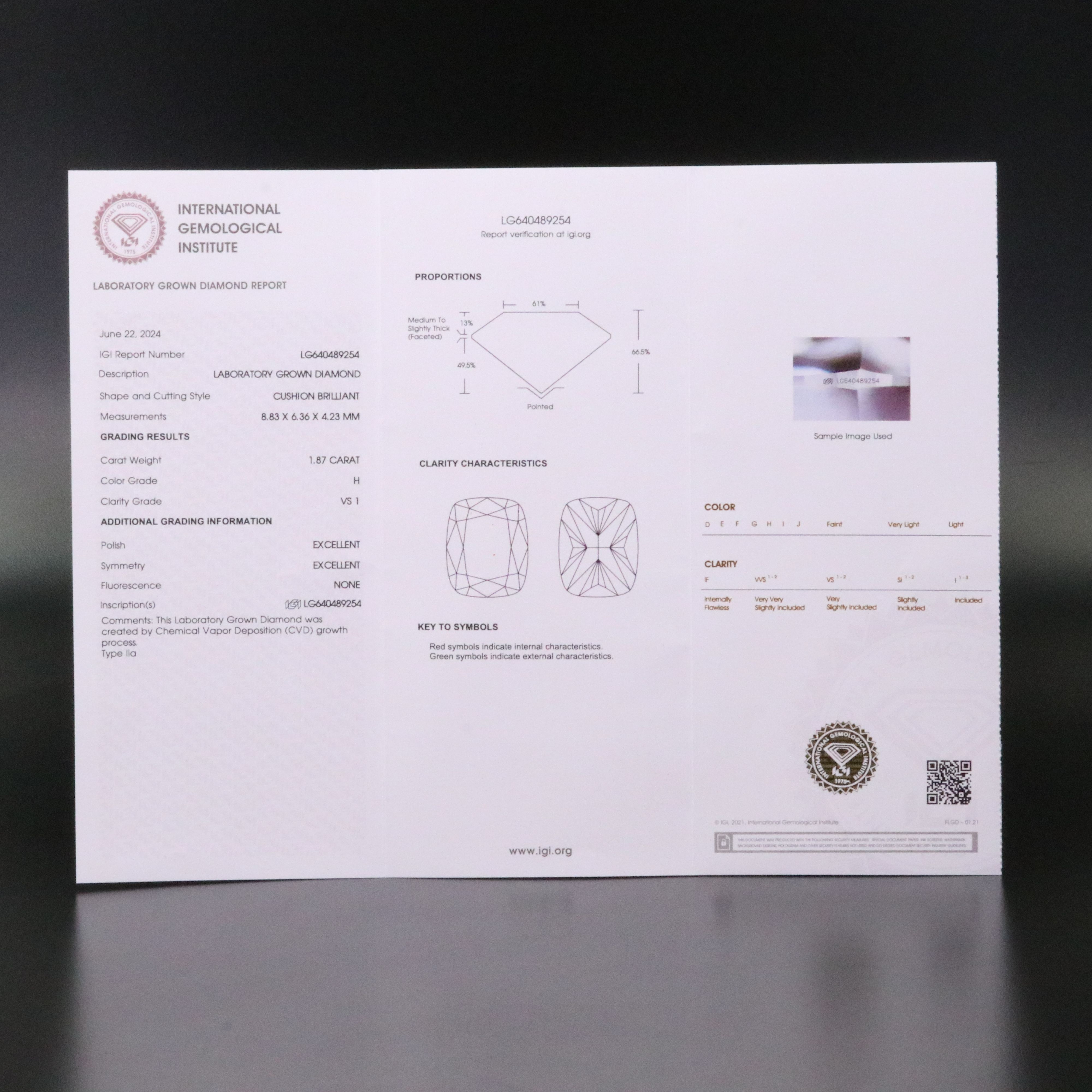 Loose 1.87 CT Lab Grown Diamond with IGI Report