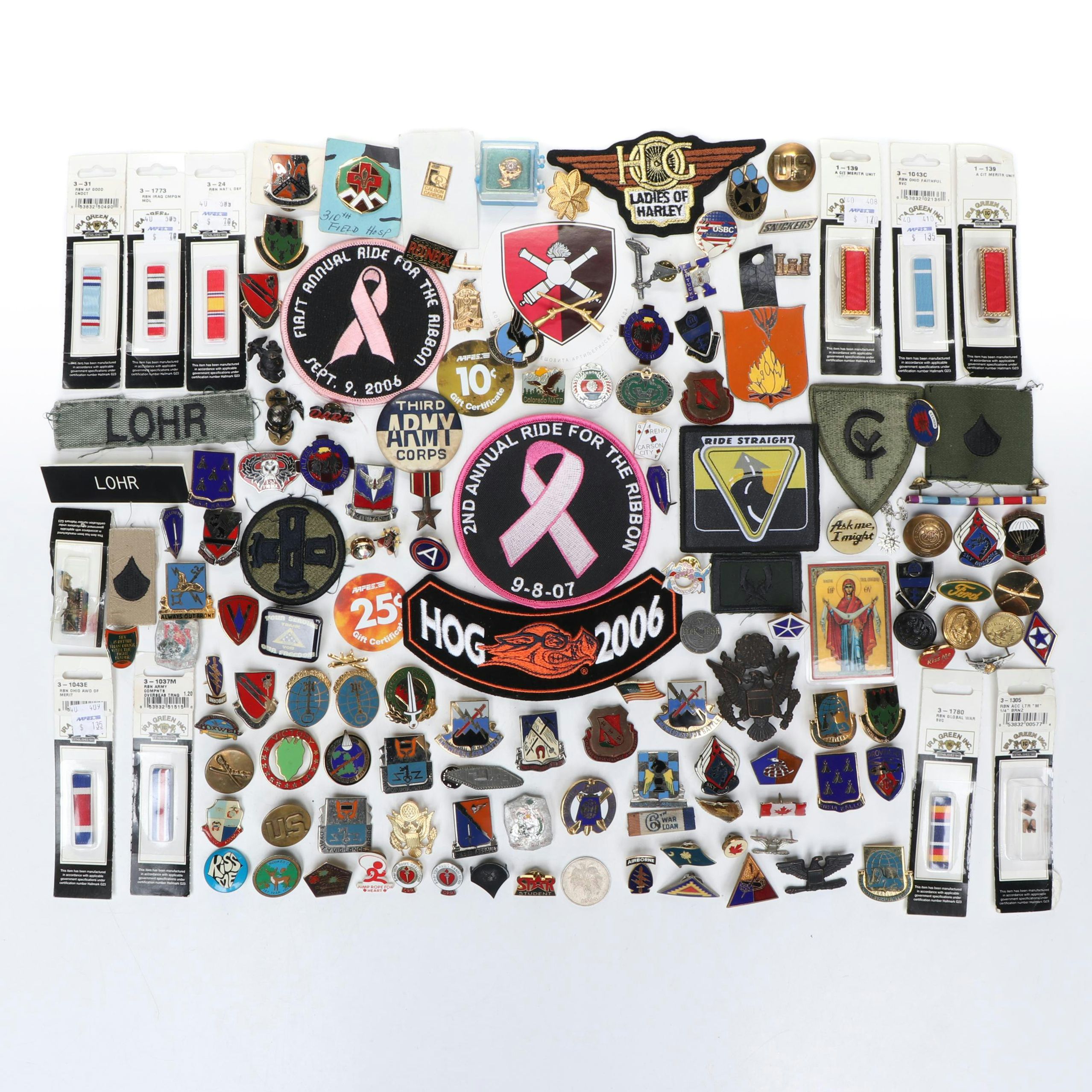 Collection of Enamel Metal Pinbacks and Iron-On Patches