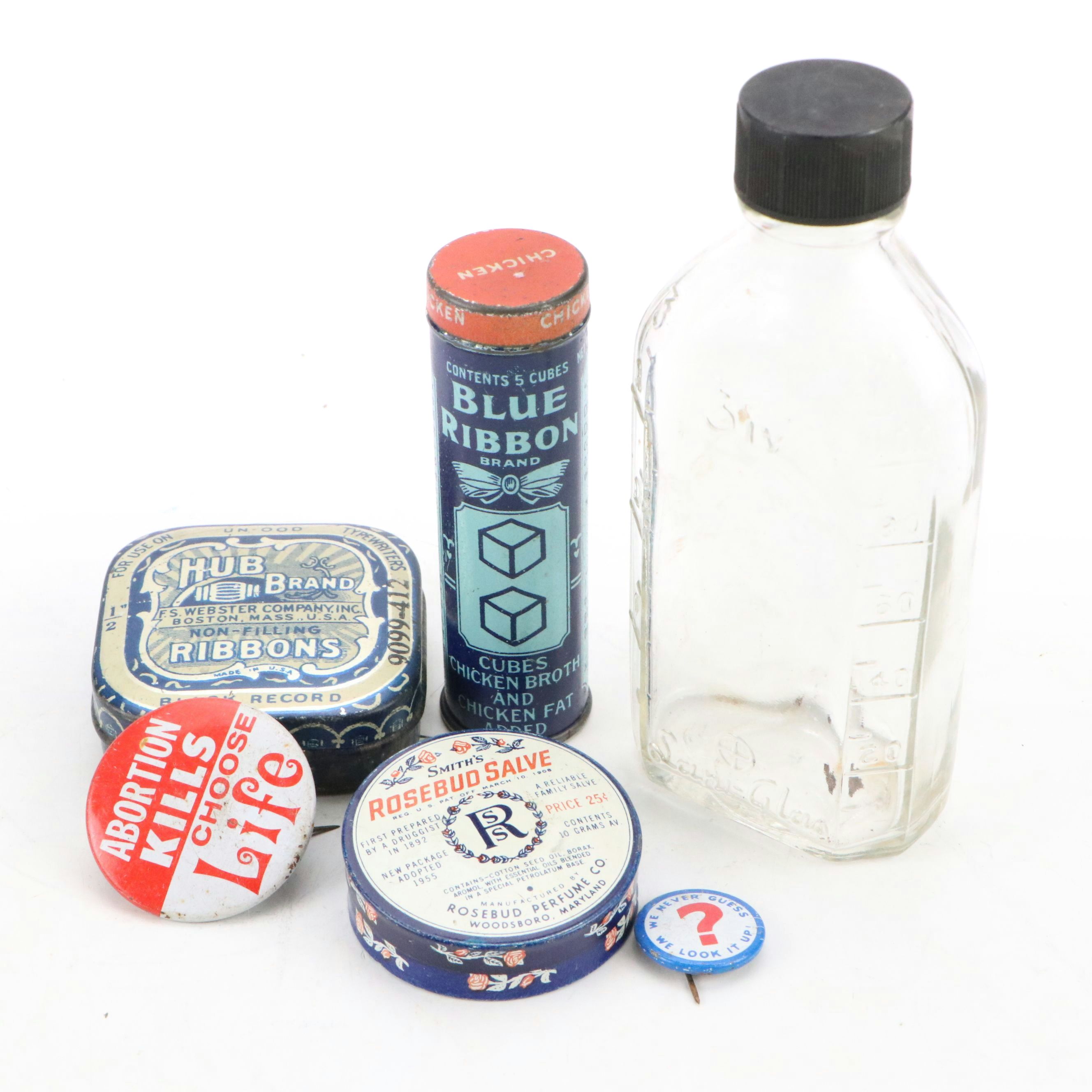 Blue Ribbon, Rosebud Salve with Other Tins, Pinbacks and Bottle, Mid-20th C.