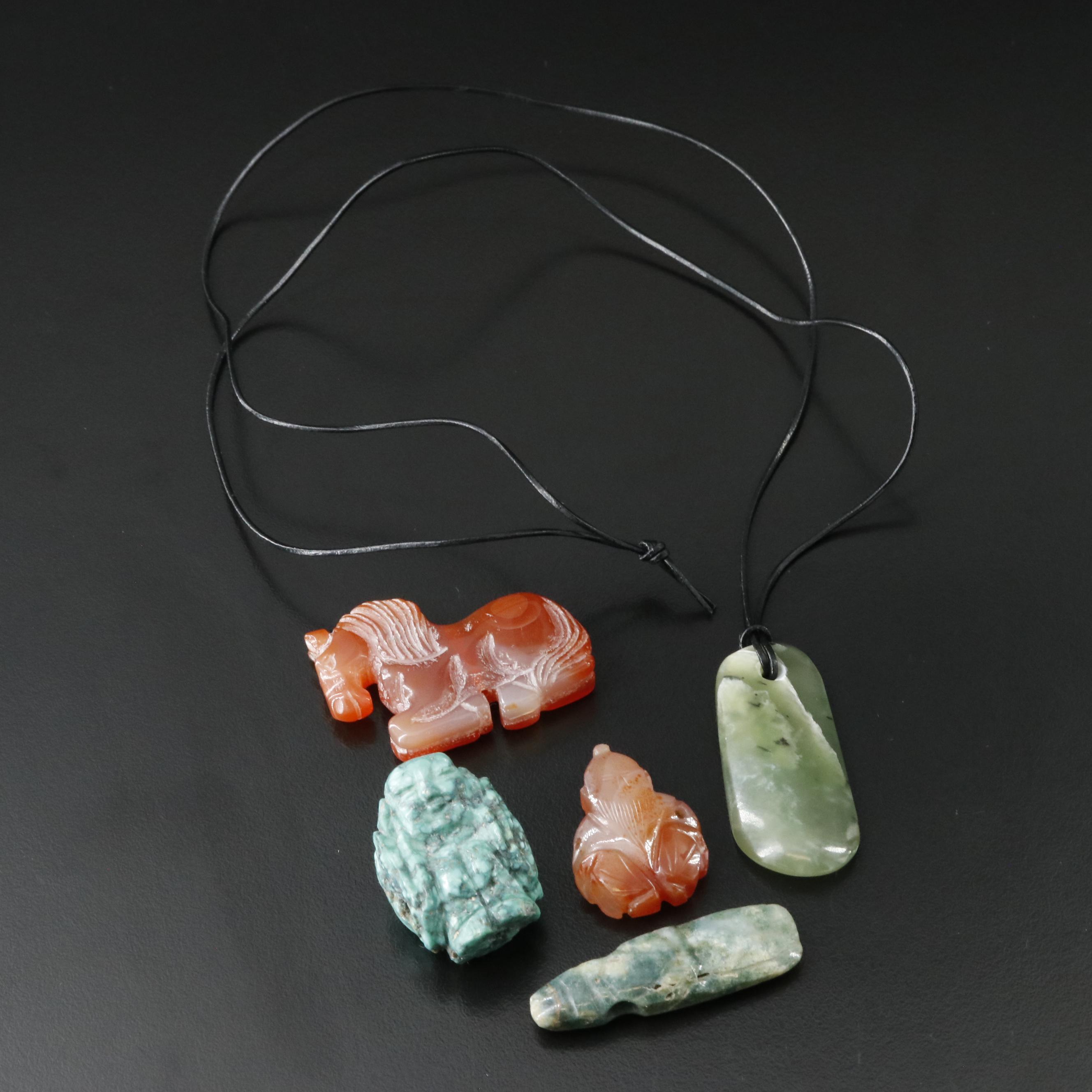 Asian Carved Pendants and Necklace Featuring Nephrite, Turquoise and Carnelian