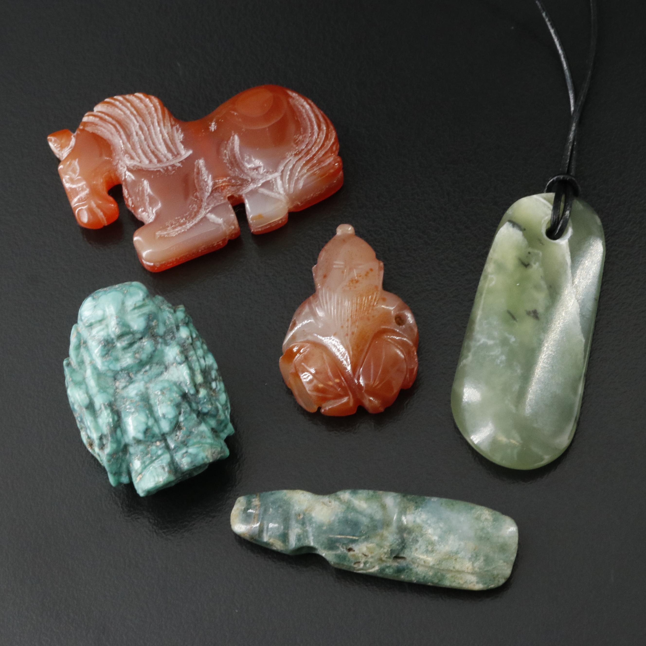Asian Carved Pendants and Necklace Featuring Nephrite, Turquoise and Carnelian