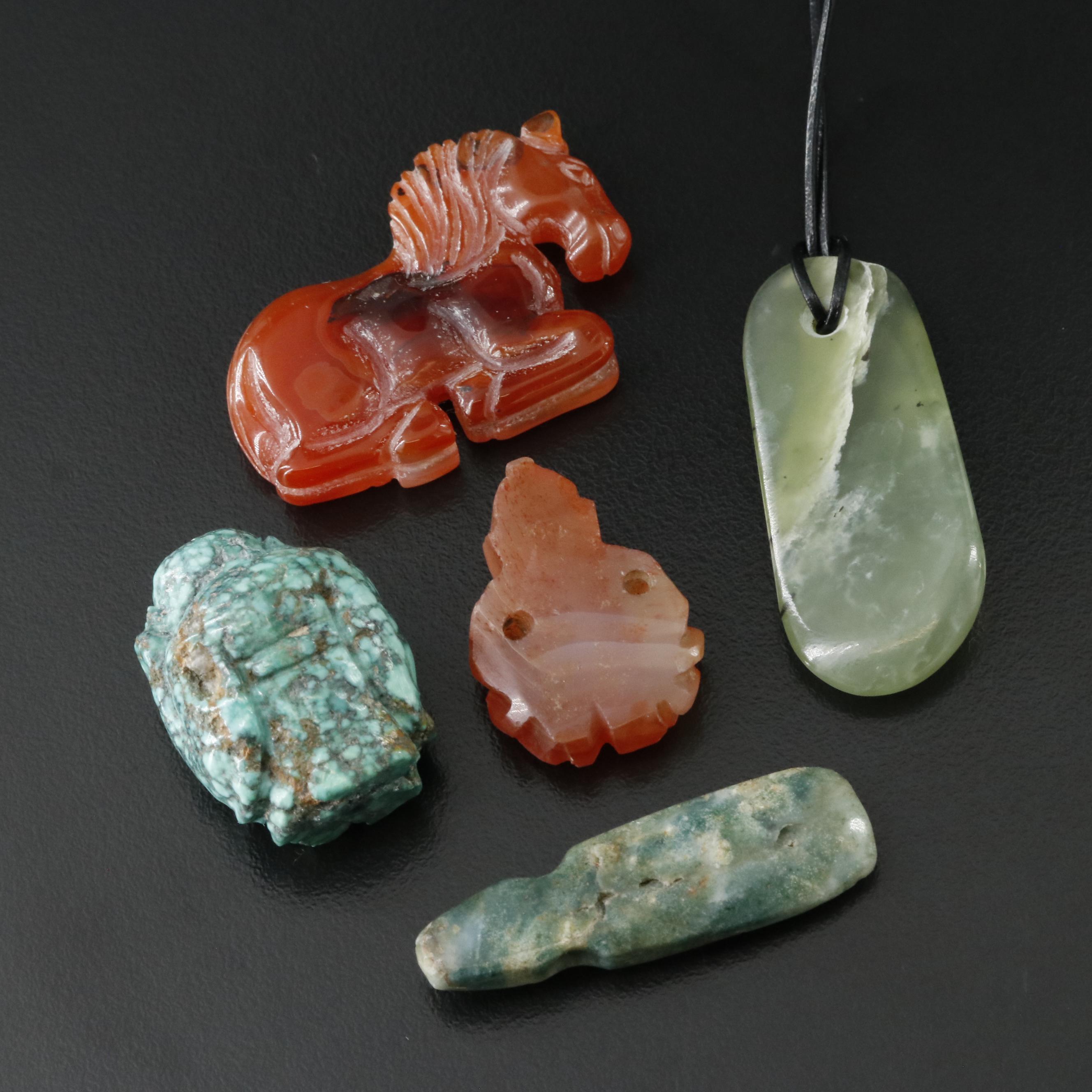 Asian Carved Pendants and Necklace Featuring Nephrite, Turquoise and Carnelian